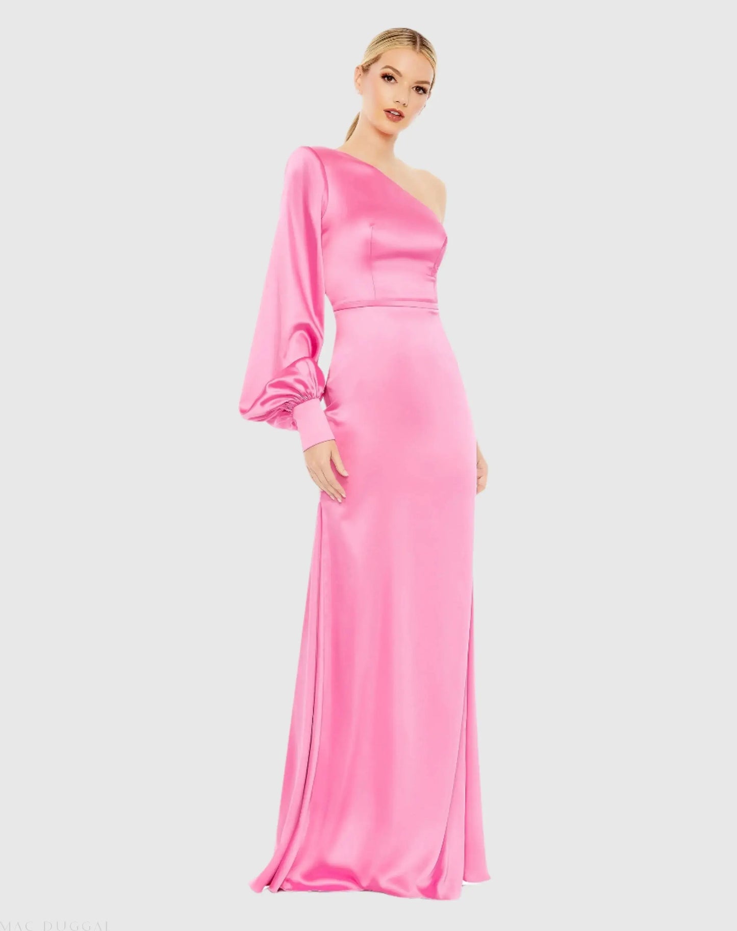 Pink One Shoulder Bishop Sleeve Trumpet Gown - Mac Duggal