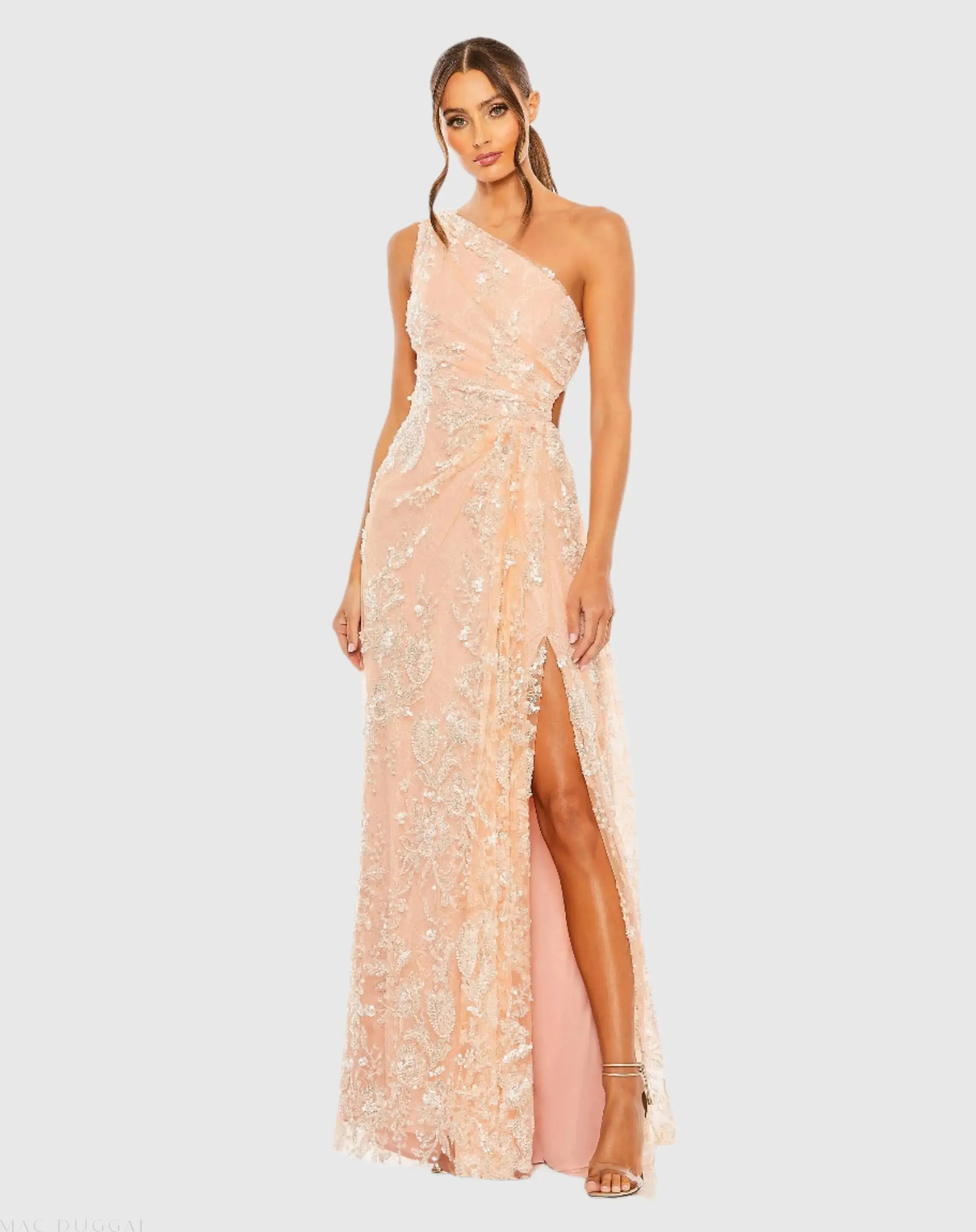 Mac Duggal Women's One Shoulder Side Cut Embellished Gown - Peach Mac Duggal Women's One Shoulder Side Cut Embellished Gown - Peach