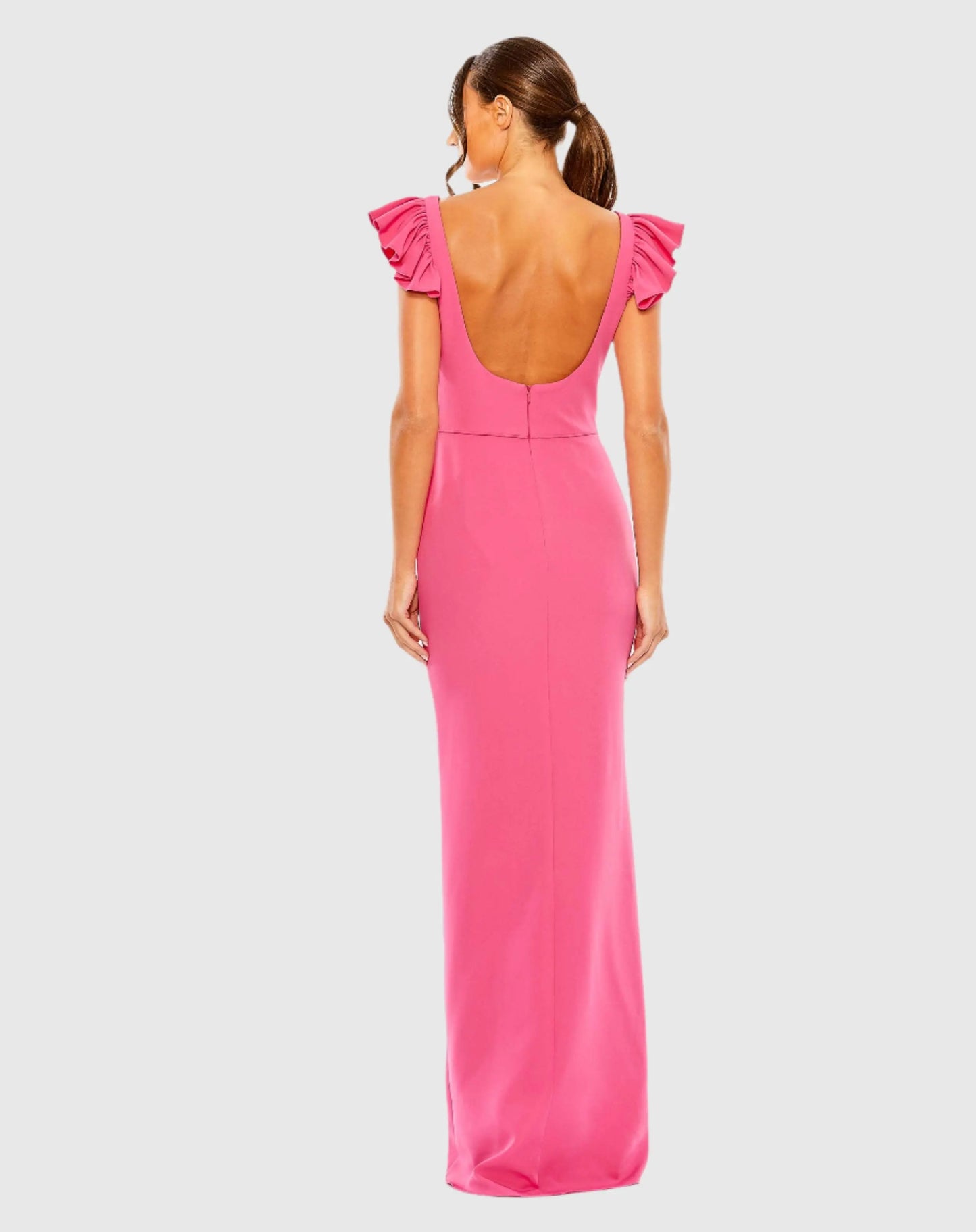 Pink Ruffle Cap Sleeve Open Back Column Gown - Mac Duggal