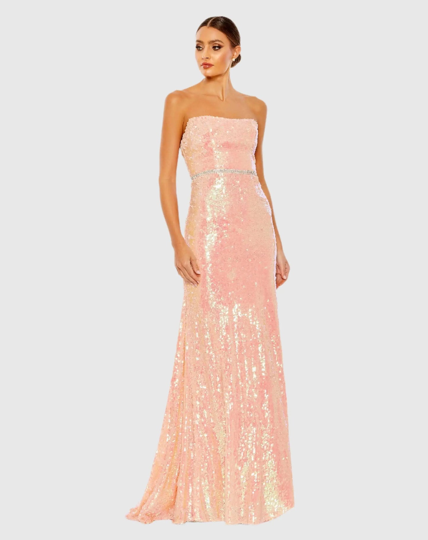 Pink Sequined Strapless Rhinestone Belt Gown