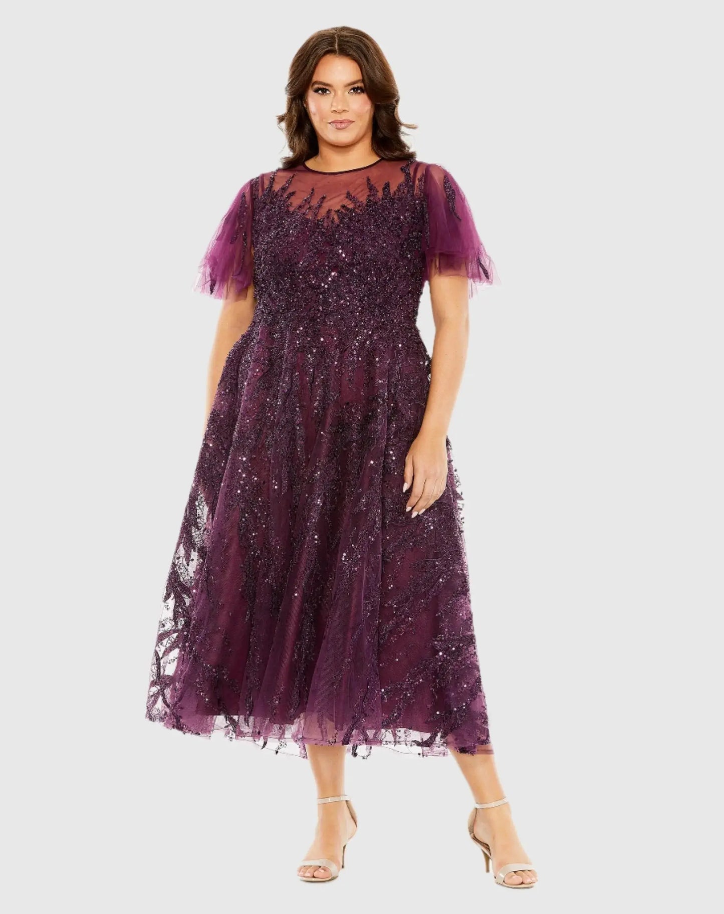 Purple High Neck Flutter Sleeve A Line Embellished Dress