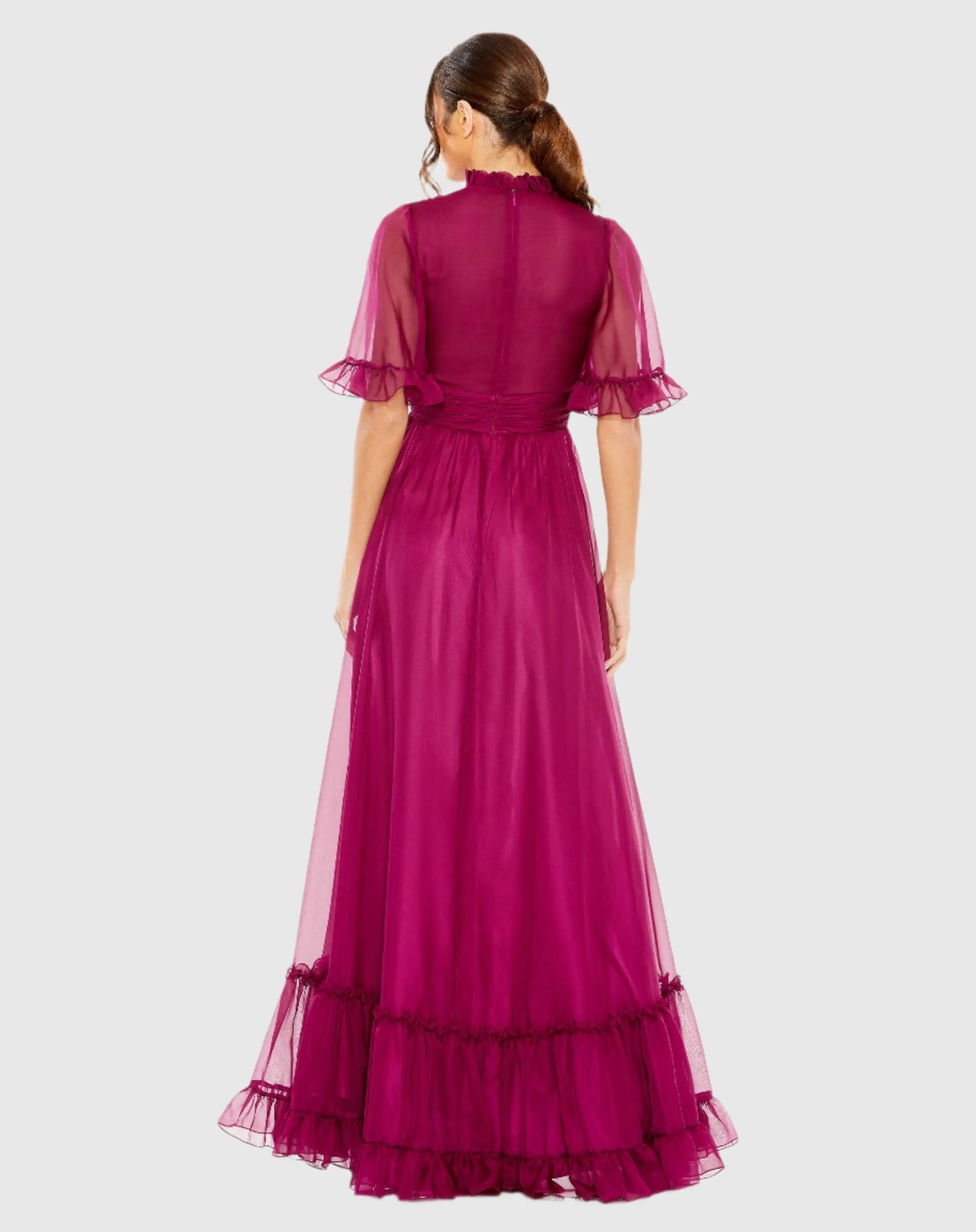 Purple Ruffled Mock Neck Flutter Sleeve High Low Hem Gown - Mac Duggal