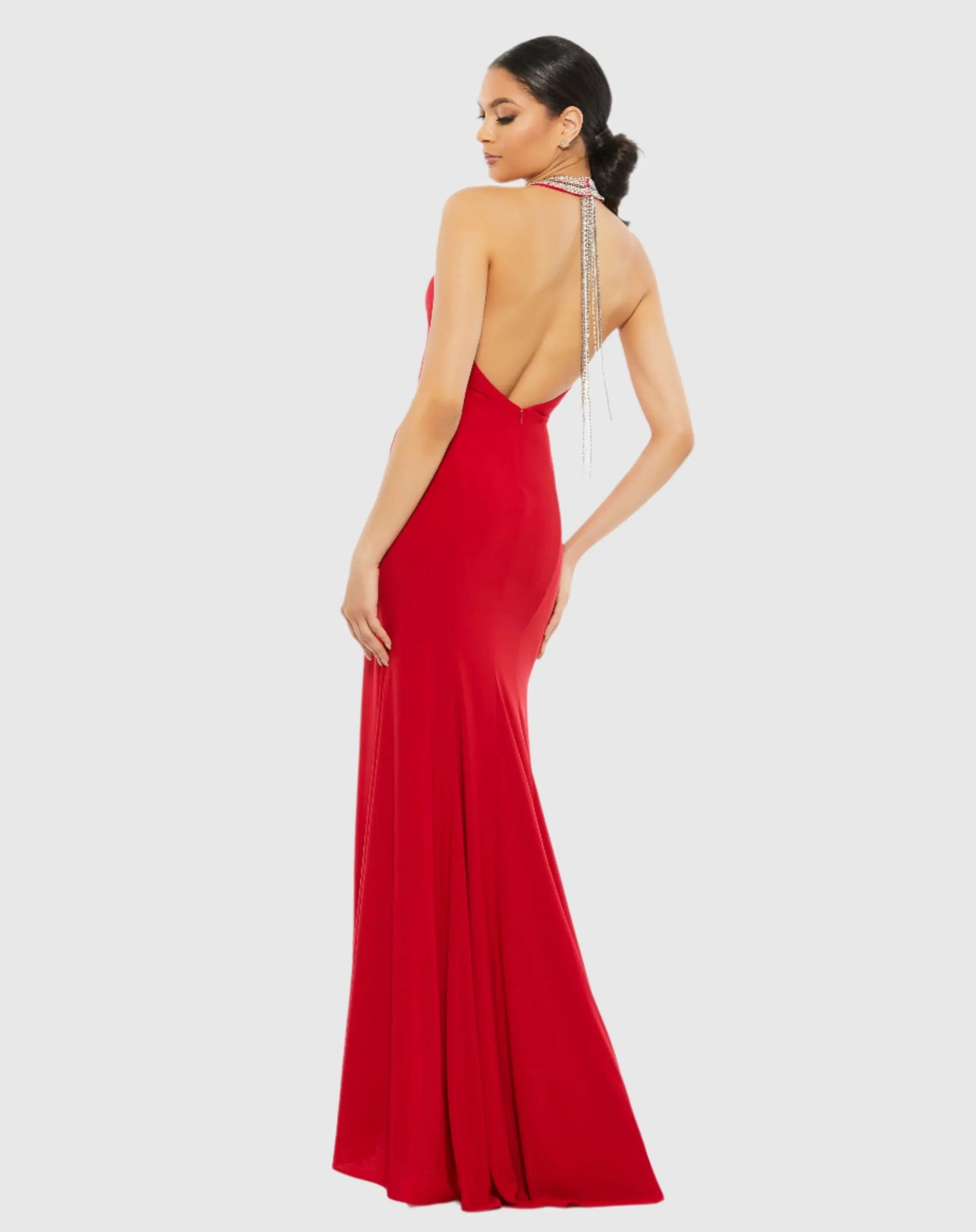 Red Beaded Halter Jersey Gown Ieena for Mac Duggal