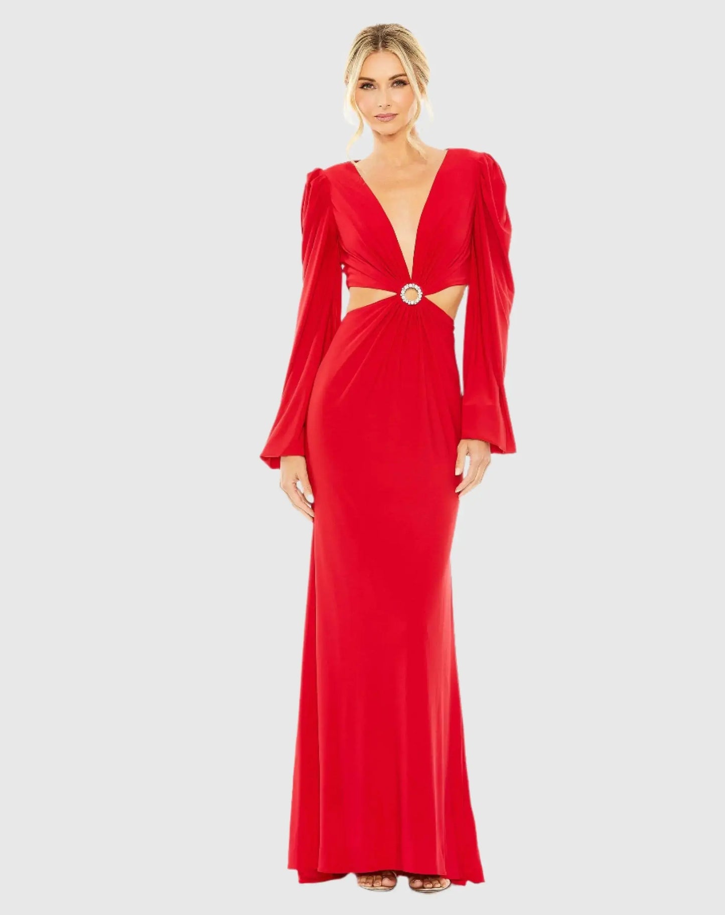 Red Jersey Puff Sleeve Cut Out Gown - Mac Duggal