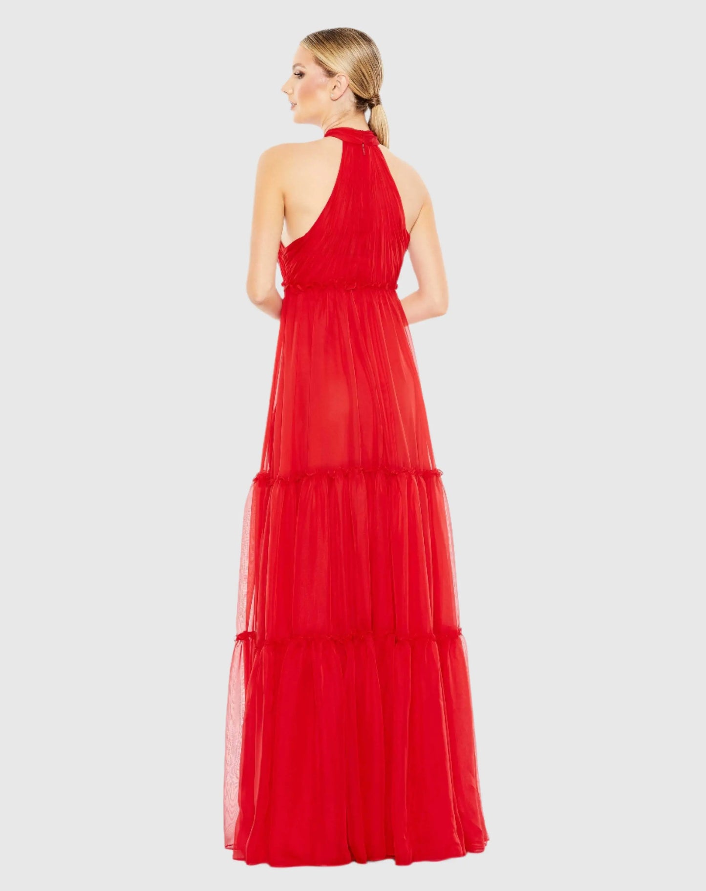 Red Ruched Tiered High Neck Bow A Line Gown - Mac Duggal