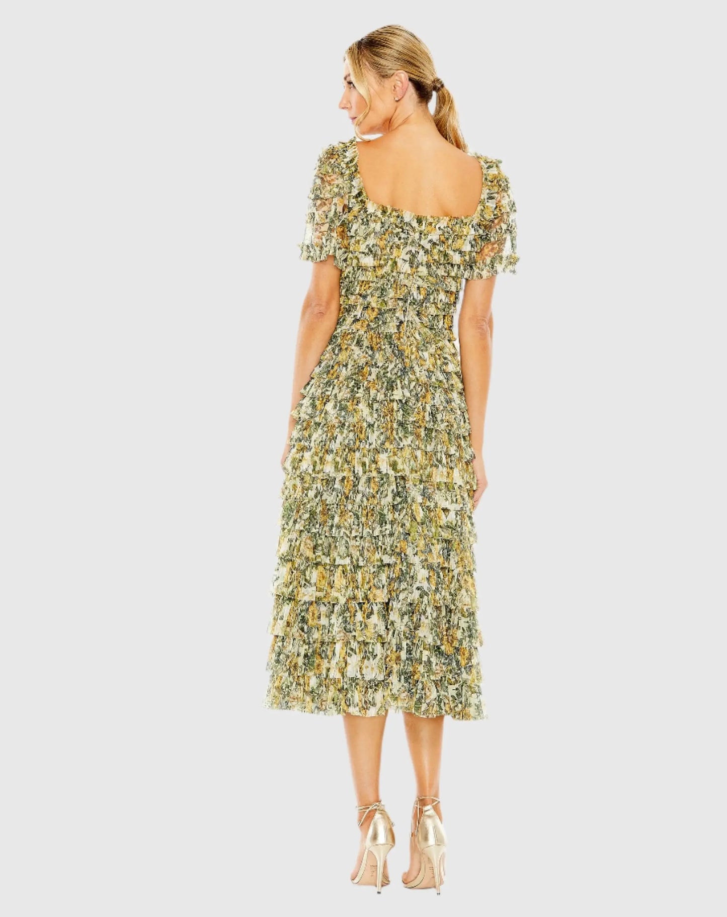 Short Sleeve Micro Ruffle Tea Length Dress - Mac Duggal