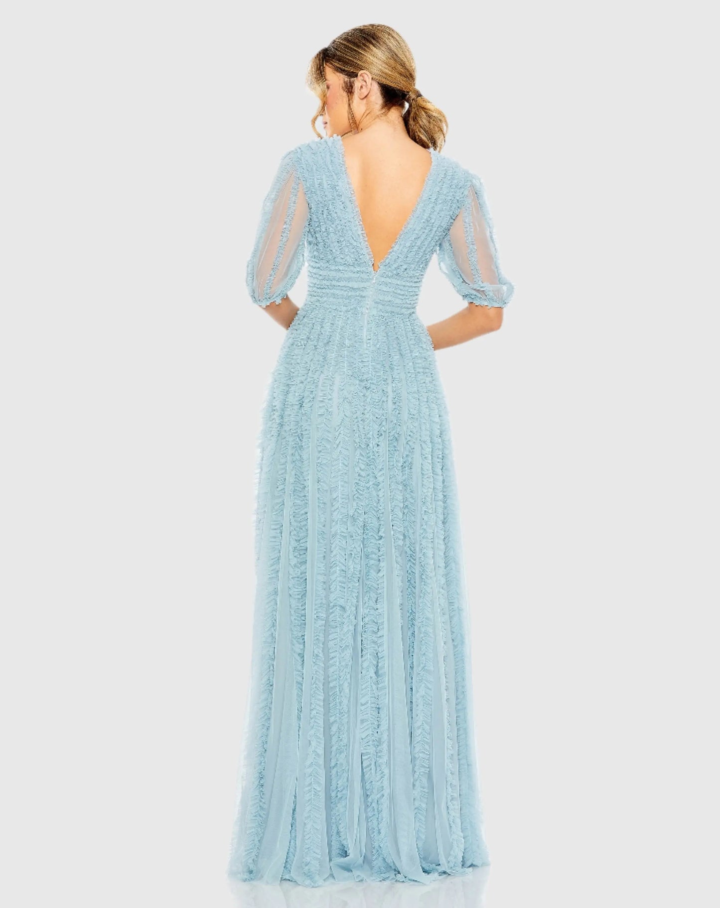 V Neck Puff Sleeve Ruffle Tiered A Line Gown - Mac Duggal