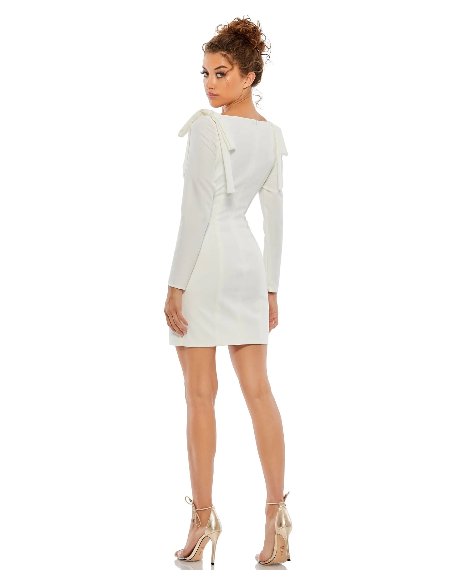 White Bow Shoulder Long Sleeve Sweetheart Fitted Mini Dress - Mac Duggal