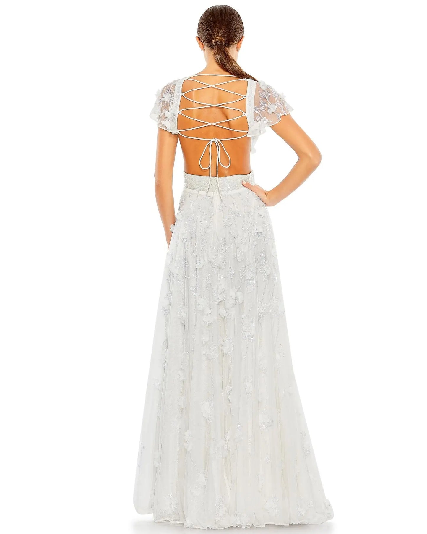 Embellished Lace Up Flowy Gown - Mac Duggal