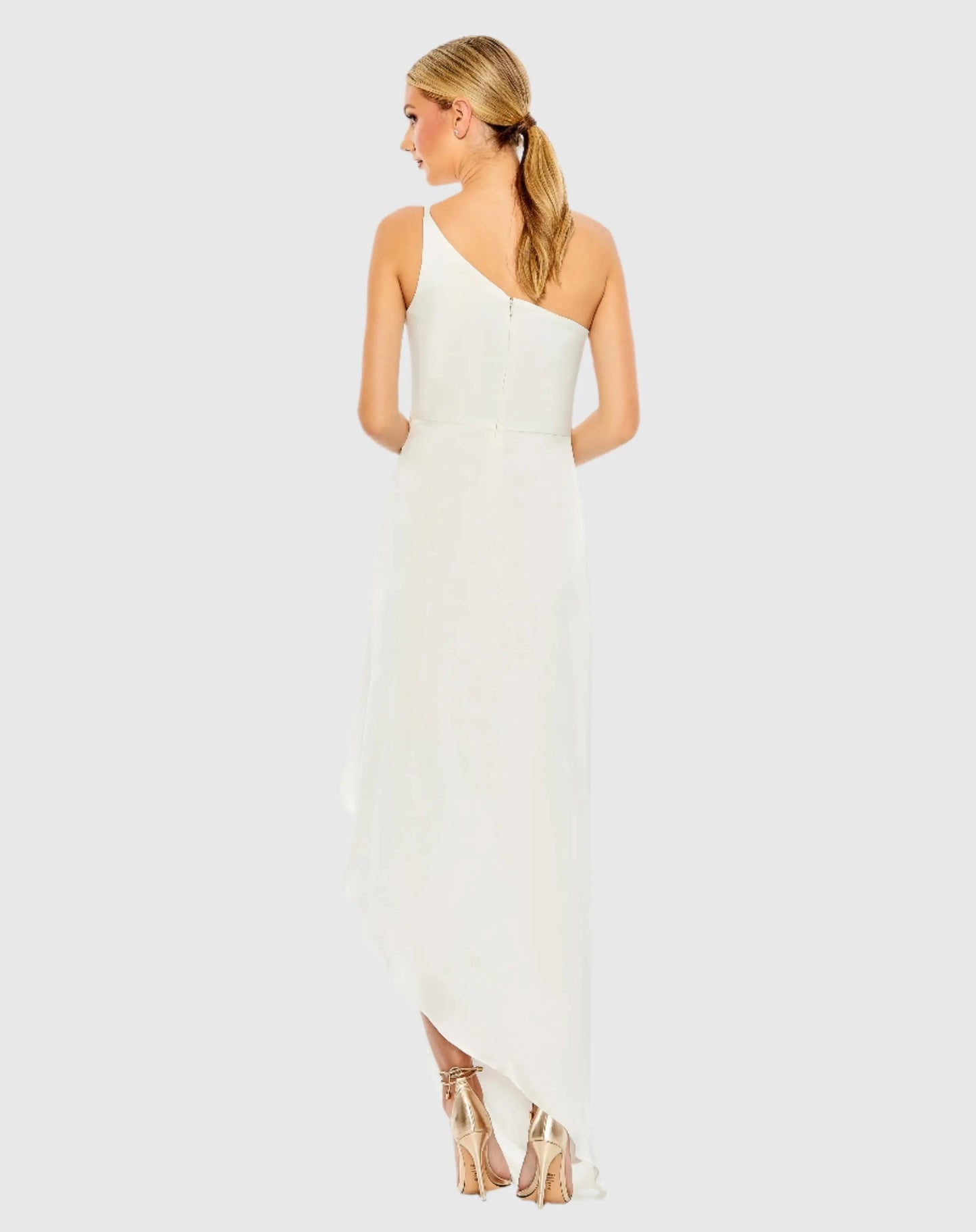 White One Shoulder Hi-Low Draped Charmeuse Dress - FINAL SALE - Mac Duggal