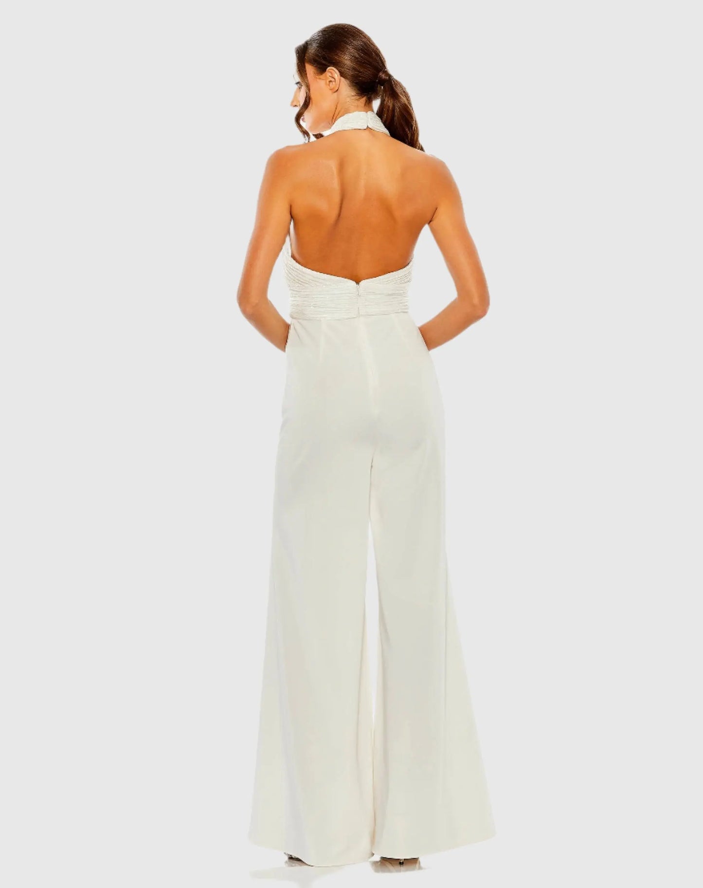 White Sequined Cross Neck Halter Jumpsuit - Mac Duggal