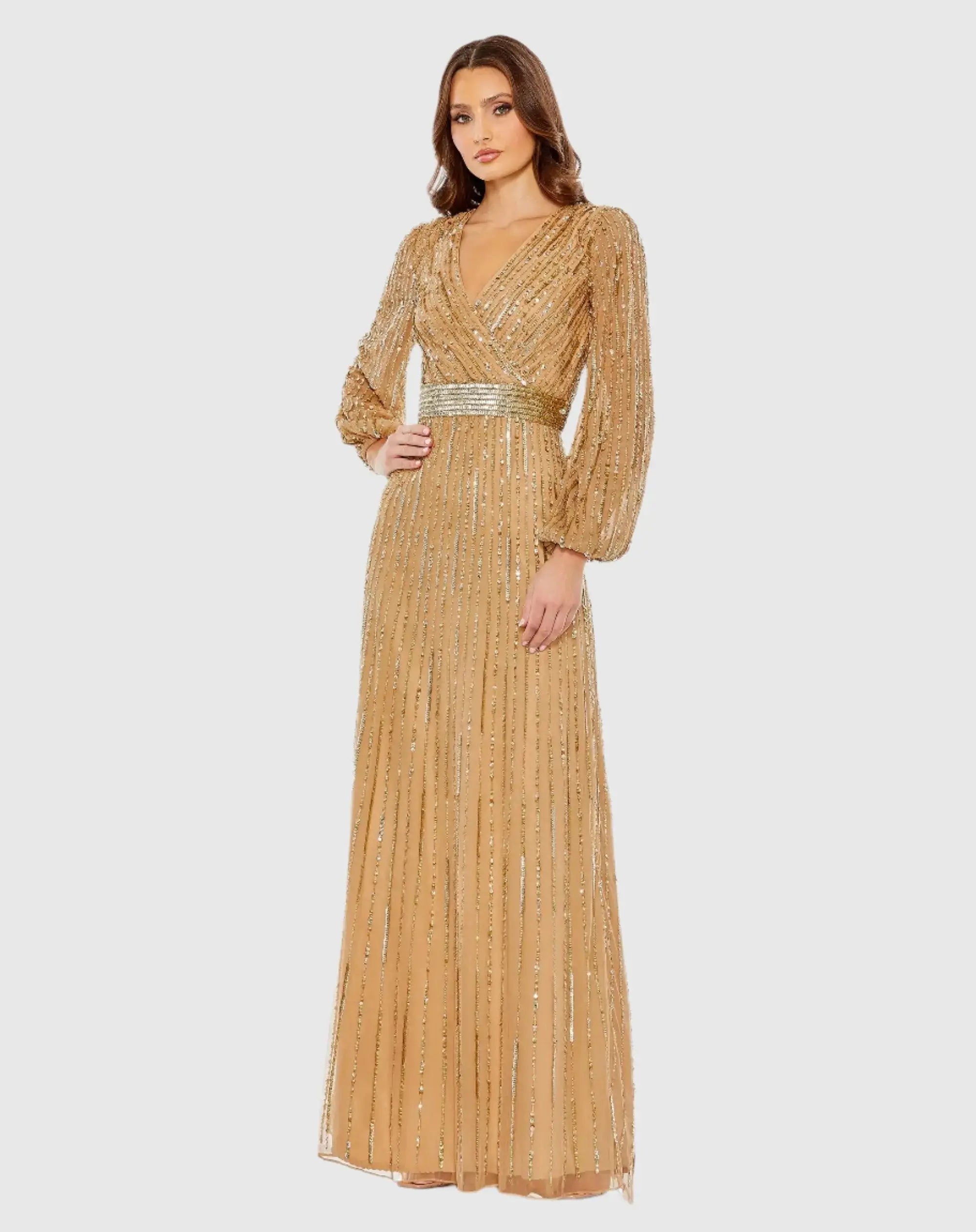 mac duggal puff sleeve sequin dress Mac Duggal Women's Multicolor Flutter Sleeve Sequin A-Line Midi Dress