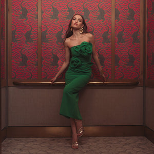 Ieena For Mac Duggal Spring Green Strapless Cocktail Dress with tonal 3D flowers