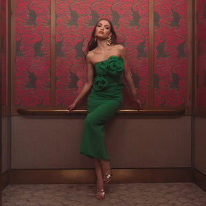 Ieena For Mac Duggal Spring Green Strapless Cocktail Dress with tonal 3D flowers