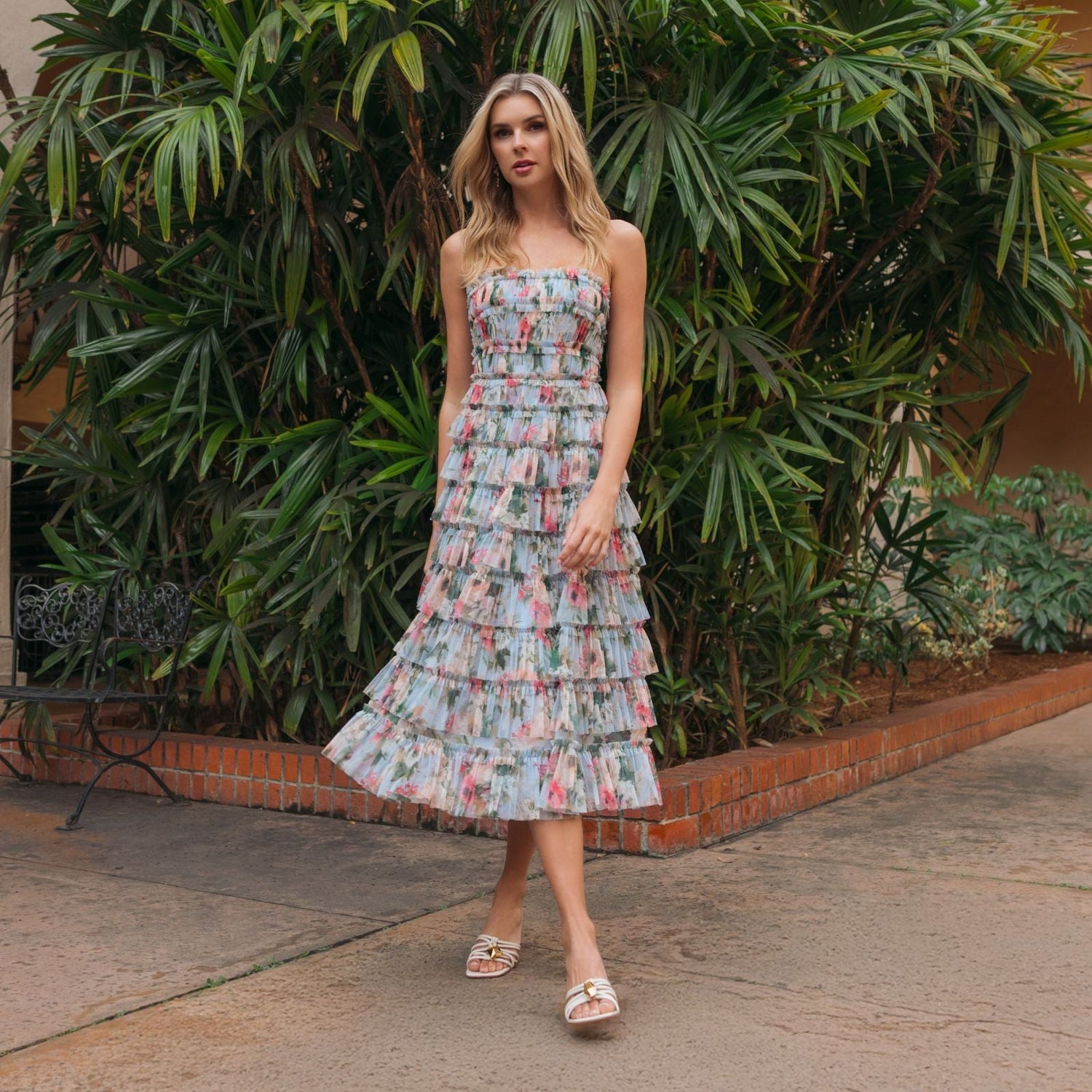 Pink Strapless Crepe Dress With 3D Satin Flowers