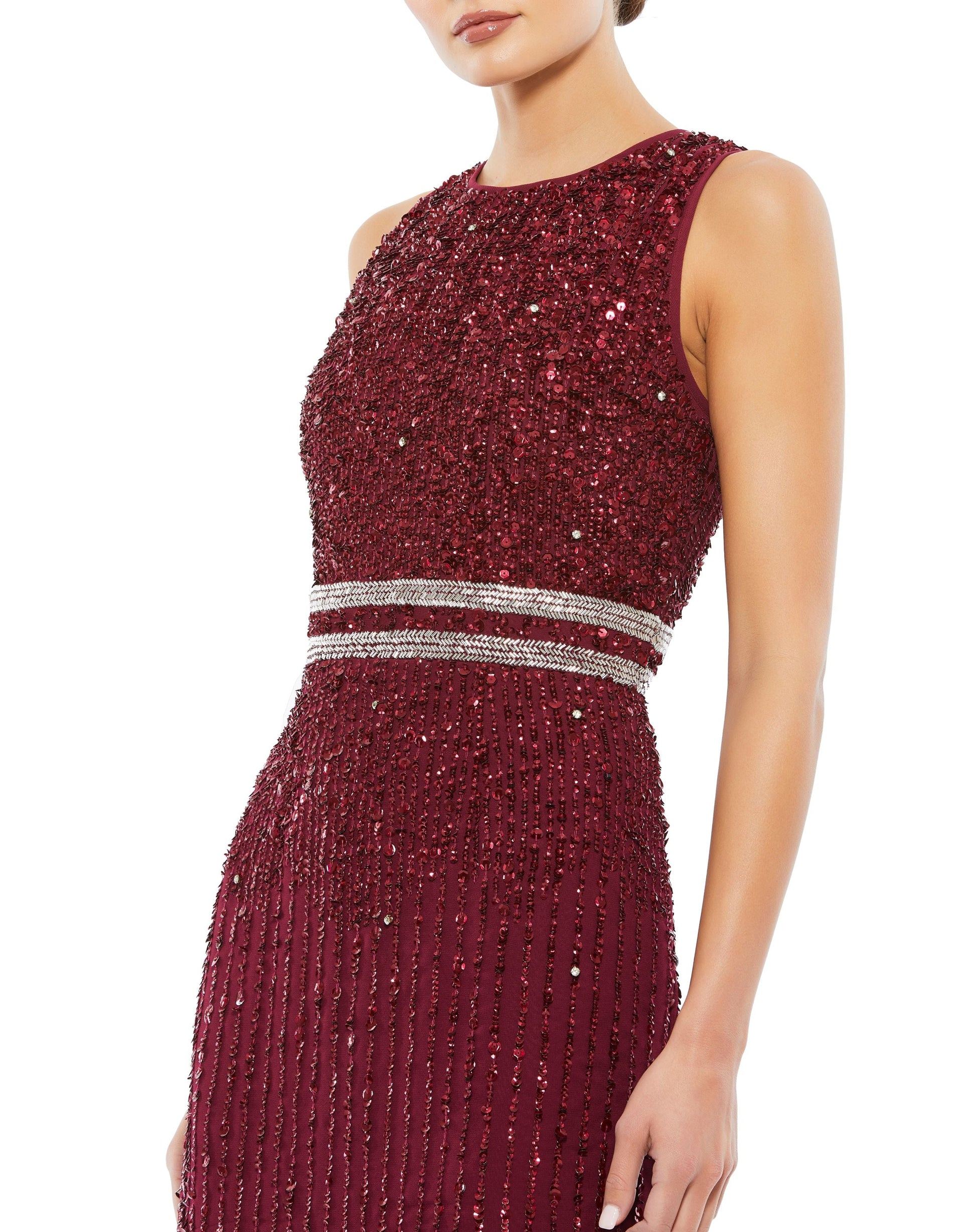 Sleeveless High Neck Beaded Midi Sheath Dress