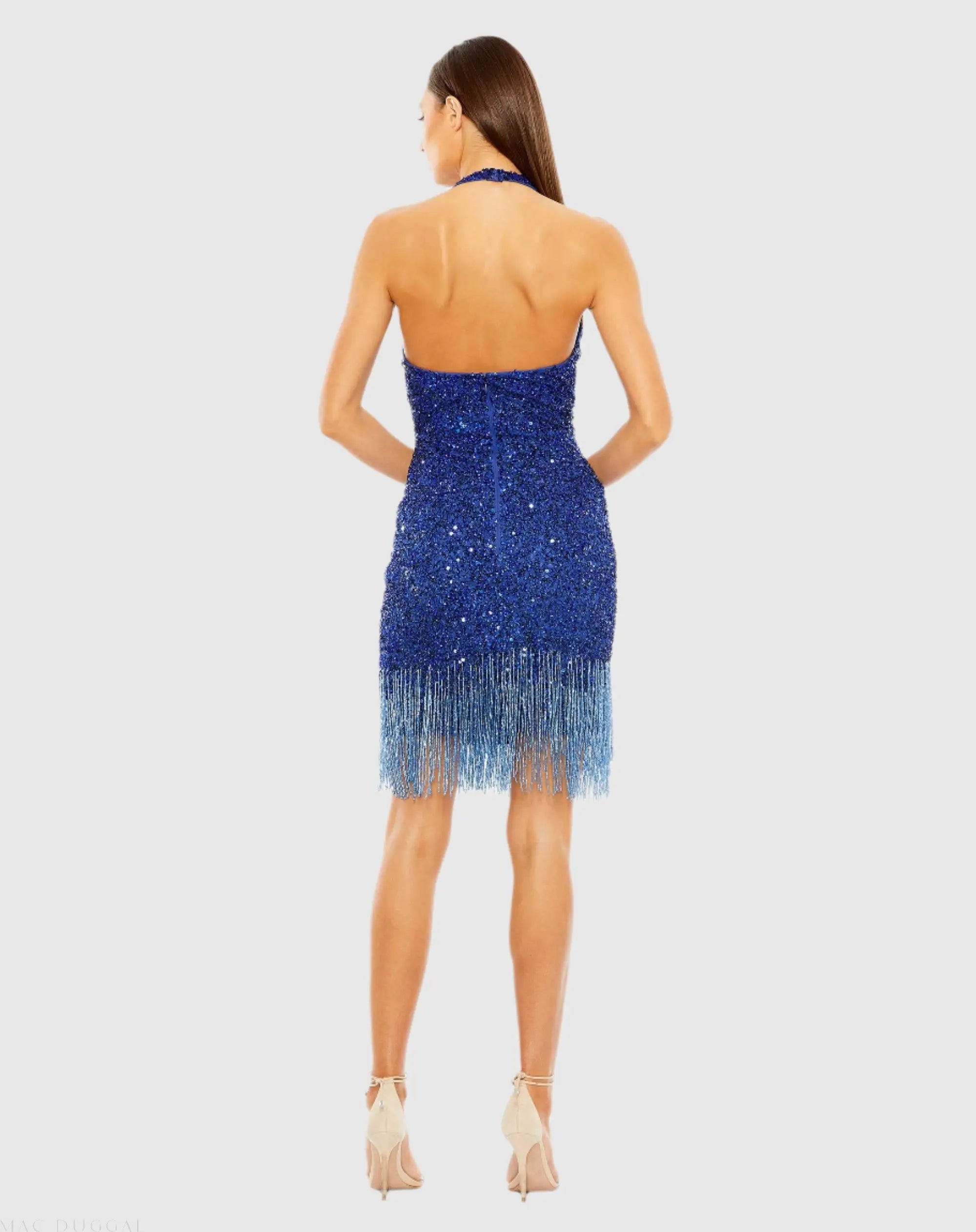 Blue Cross Front Keyhole Top Beaded Fringe Mini Dress - Mac Duggal