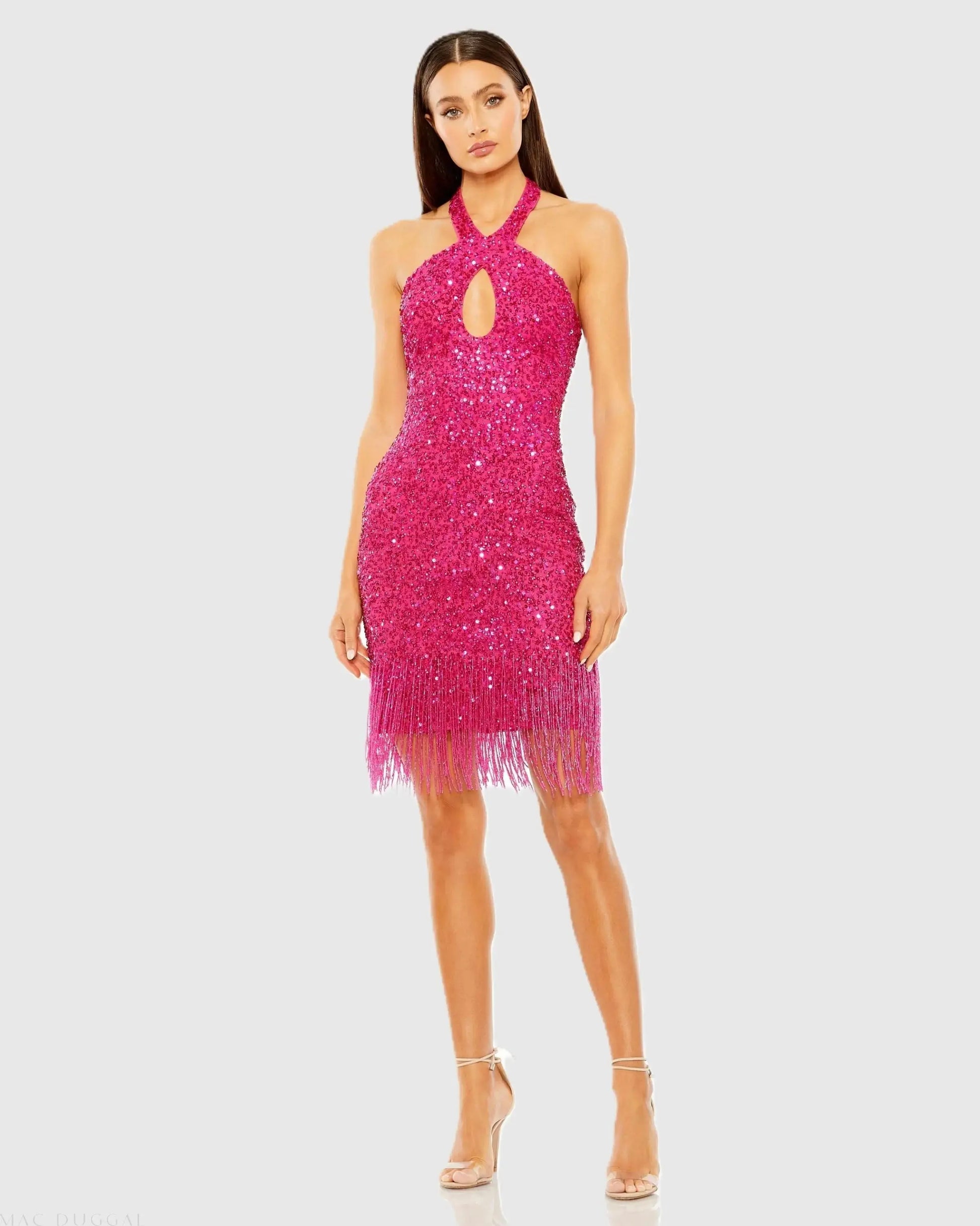 Pink Cross Front Keyhole Top Beaded Fringe Mini Dress - Mac Duggal US 6 Pink Cross Front Keyhole Top Beaded Fringe Mini Dress - Mac Duggal US 6