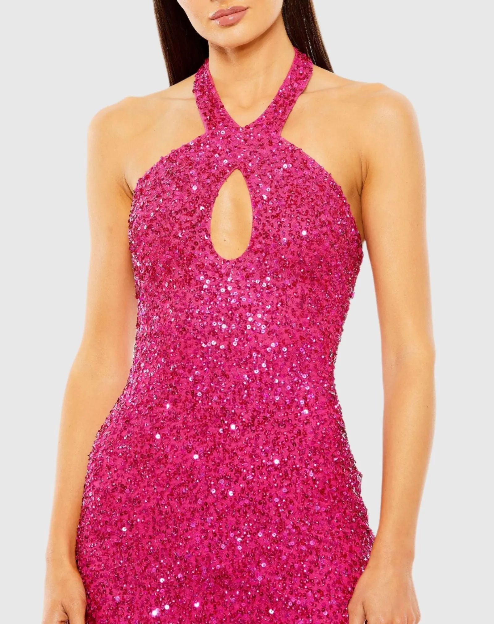 Pink Cross Front Keyhole Top Beaded Fringe Mini Dress - Mac Duggal US 6 Pink Cross Front Keyhole Top Beaded Fringe Mini Dress - Mac Duggal US 6