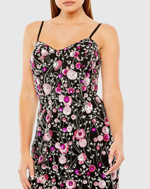 Slim Strap Bustier Top Floral Beaded Mini Dress