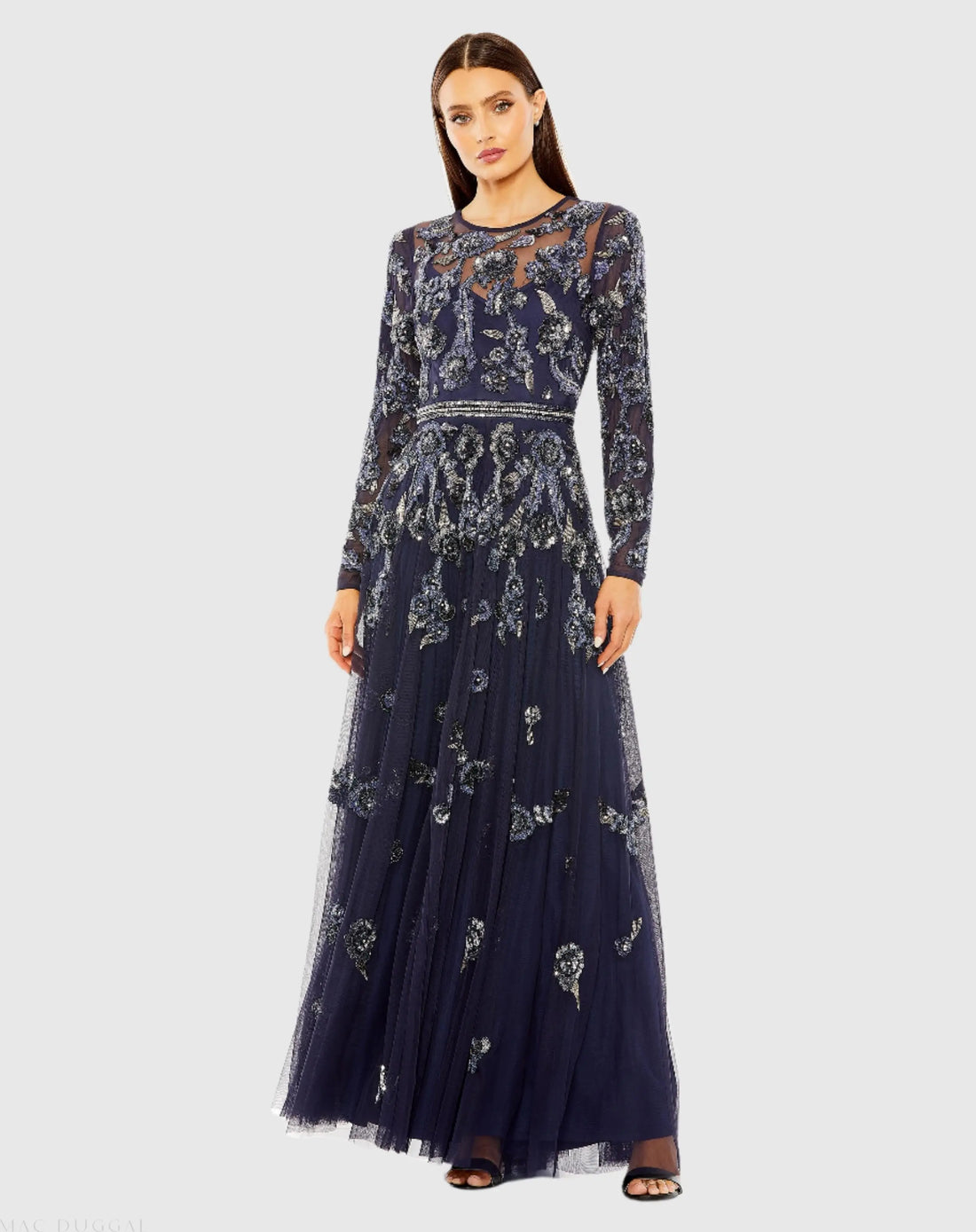 Navy Long Sleeve High Neck Floral Beaded A-line Mesh Gown | Mac Duggal Navy Long Sleeve High Neck Floral Beaded A-line Mesh Gown | Mac Duggal