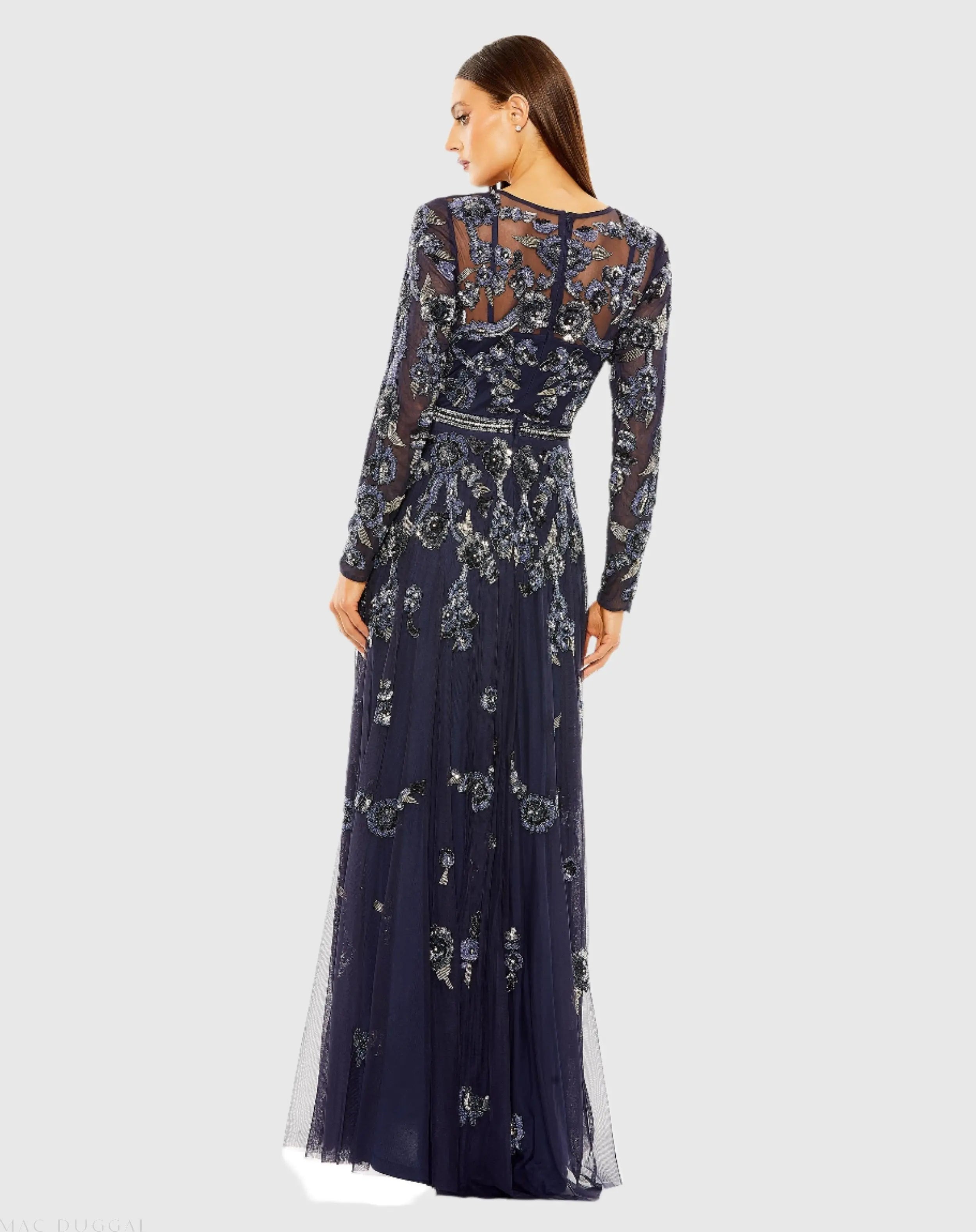 Navy Long Sleeve High Neck Floral Beaded A-line Mesh Gown - Mac Duggal
