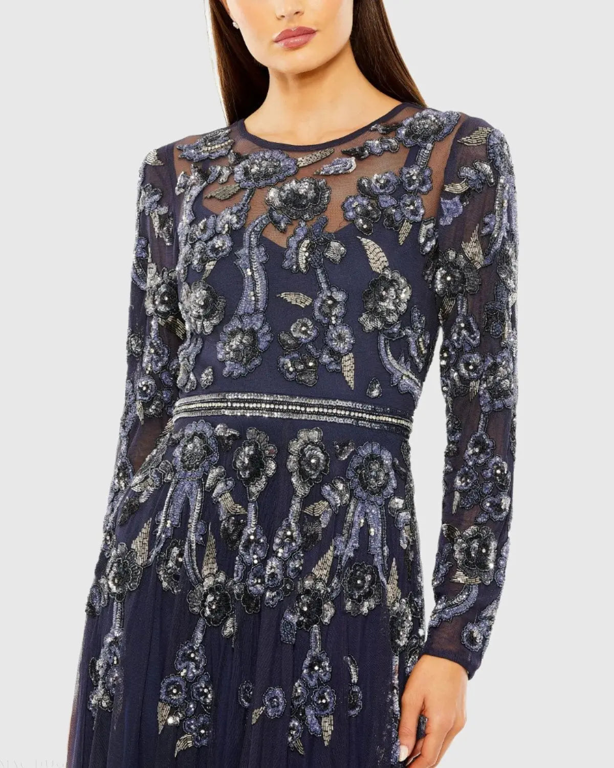 Navy Long Sleeve High Neck Floral Beaded A-line Mesh Gown | Mac Duggal Navy Long Sleeve High Neck Floral Beaded A-line Mesh Gown | Mac Duggal