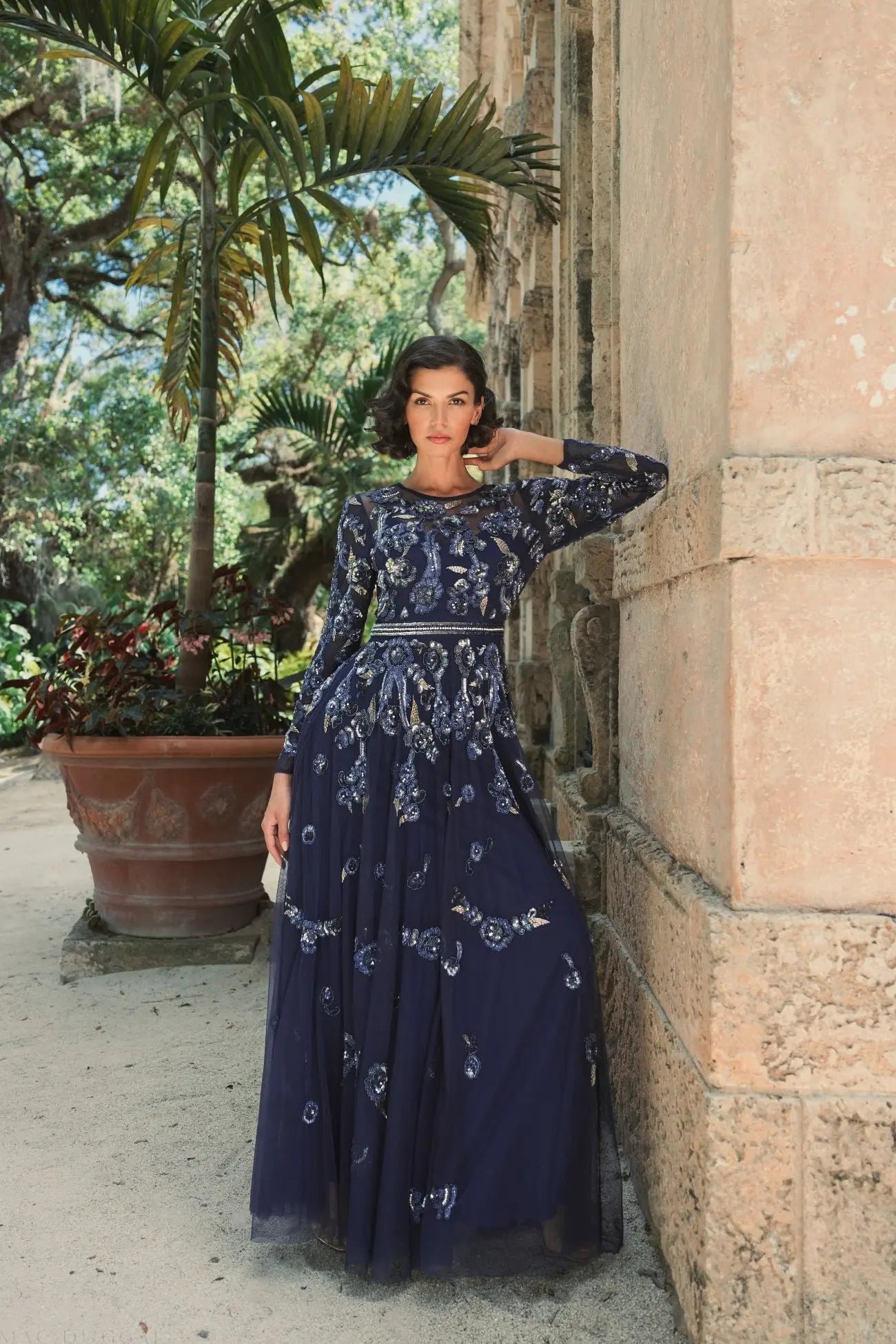 Navy Long Sleeve High Neck Floral Beaded A-line Mesh Gown - Mac Duggal