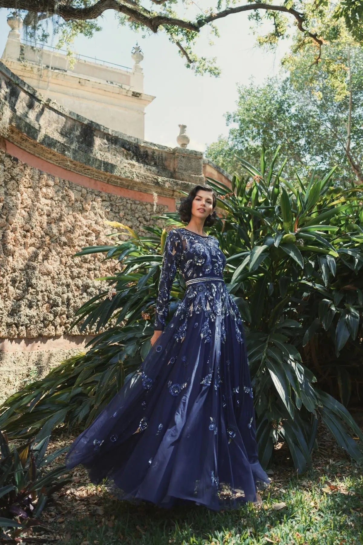 Navy Long Sleeve High Neck Floral Beaded A-line Mesh Gown - Mac Duggal