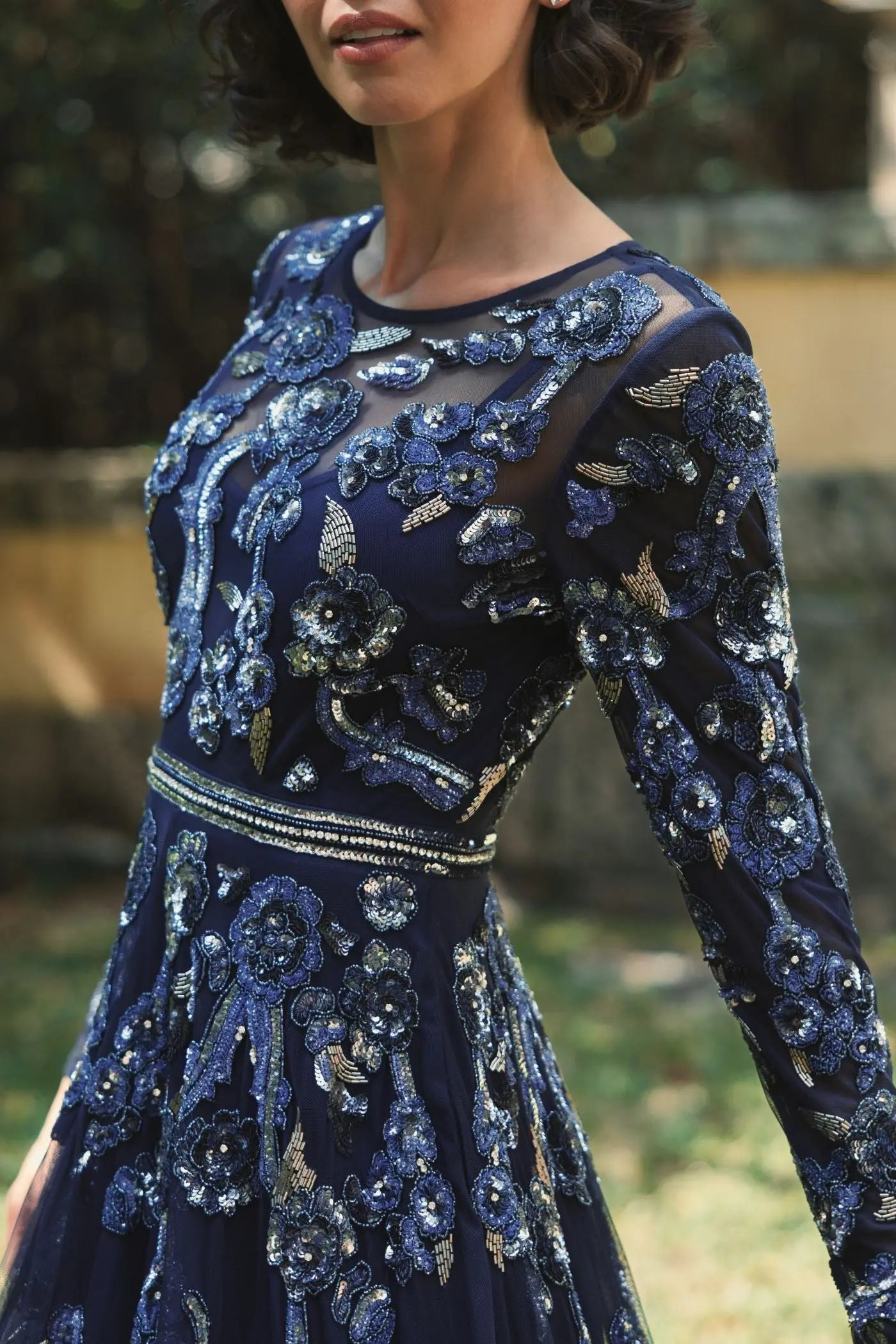 Navy Long Sleeve High Neck Floral Beaded A-line Mesh Gown | Mac Duggal Navy Long Sleeve High Neck Floral Beaded A-line Mesh Gown | Mac Duggal