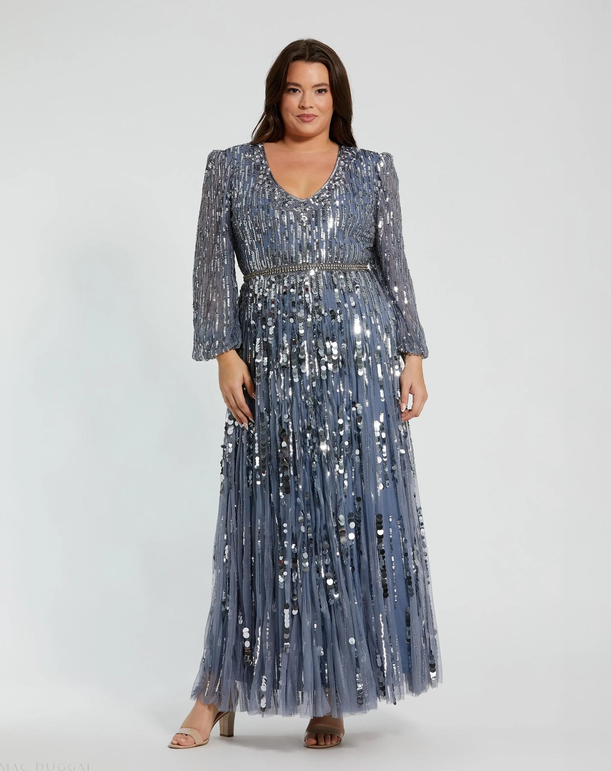 Blue Long Sleeve V-Neck Embellished Gown (Plus) - Mac Duggal