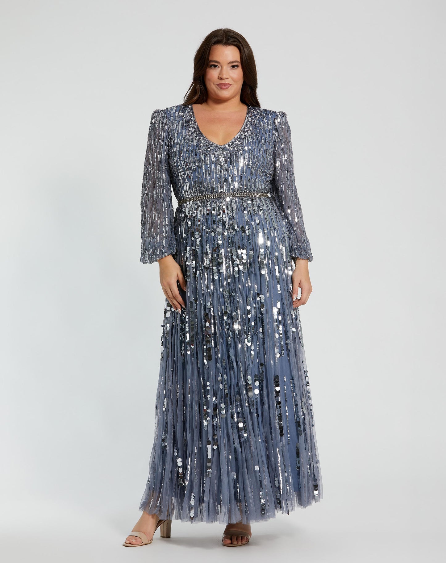 Long Sleeve Beaded Crystal V Neck Gown