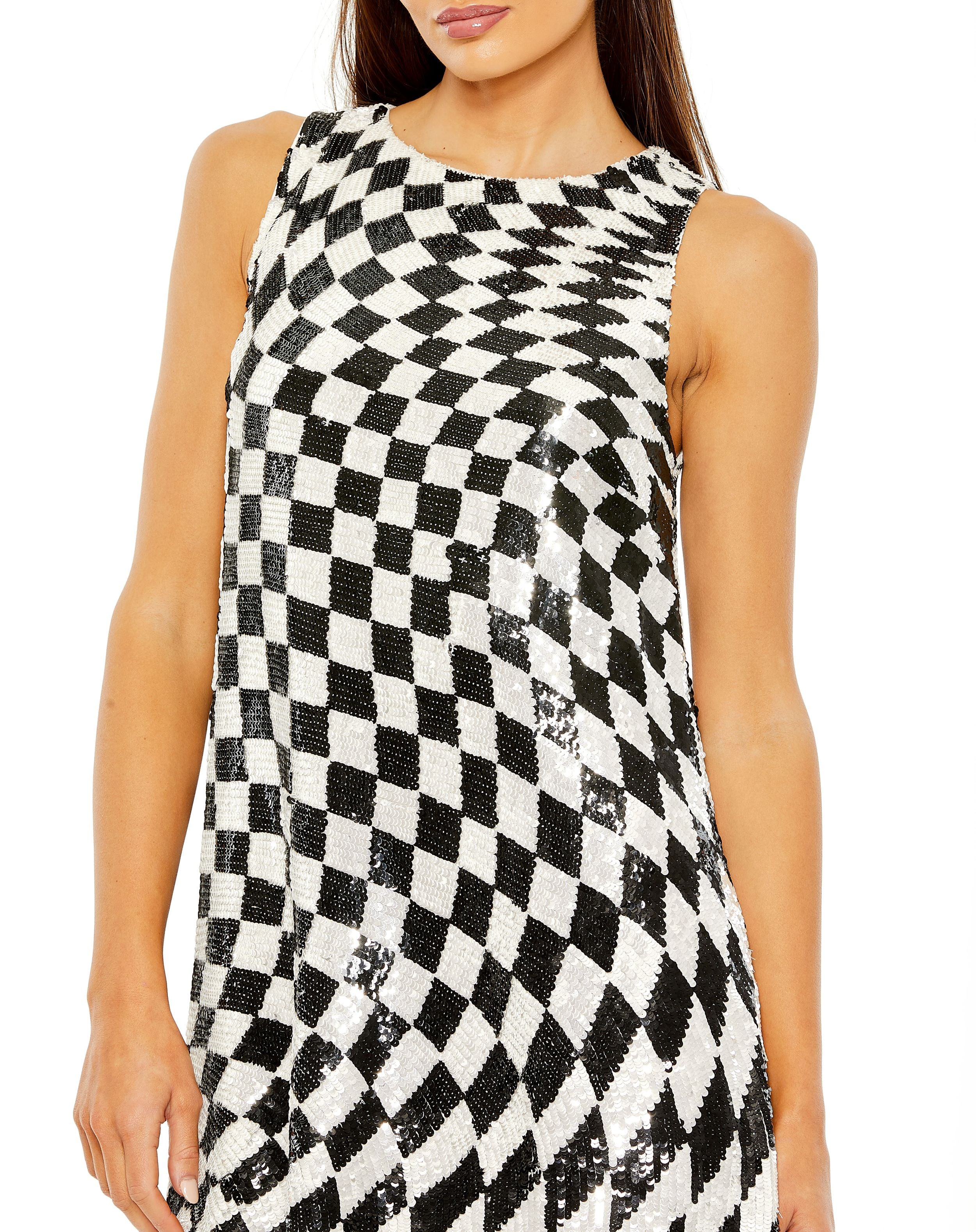 Sleeveless A-Line Sequin Checkered Mini Dress