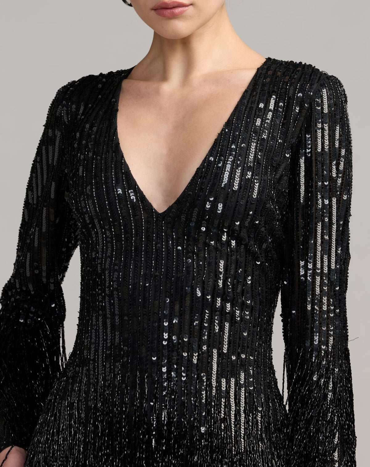 Black Long Sleeve V-Neck Beaded Fringe Mini Dress - Mac Duggal