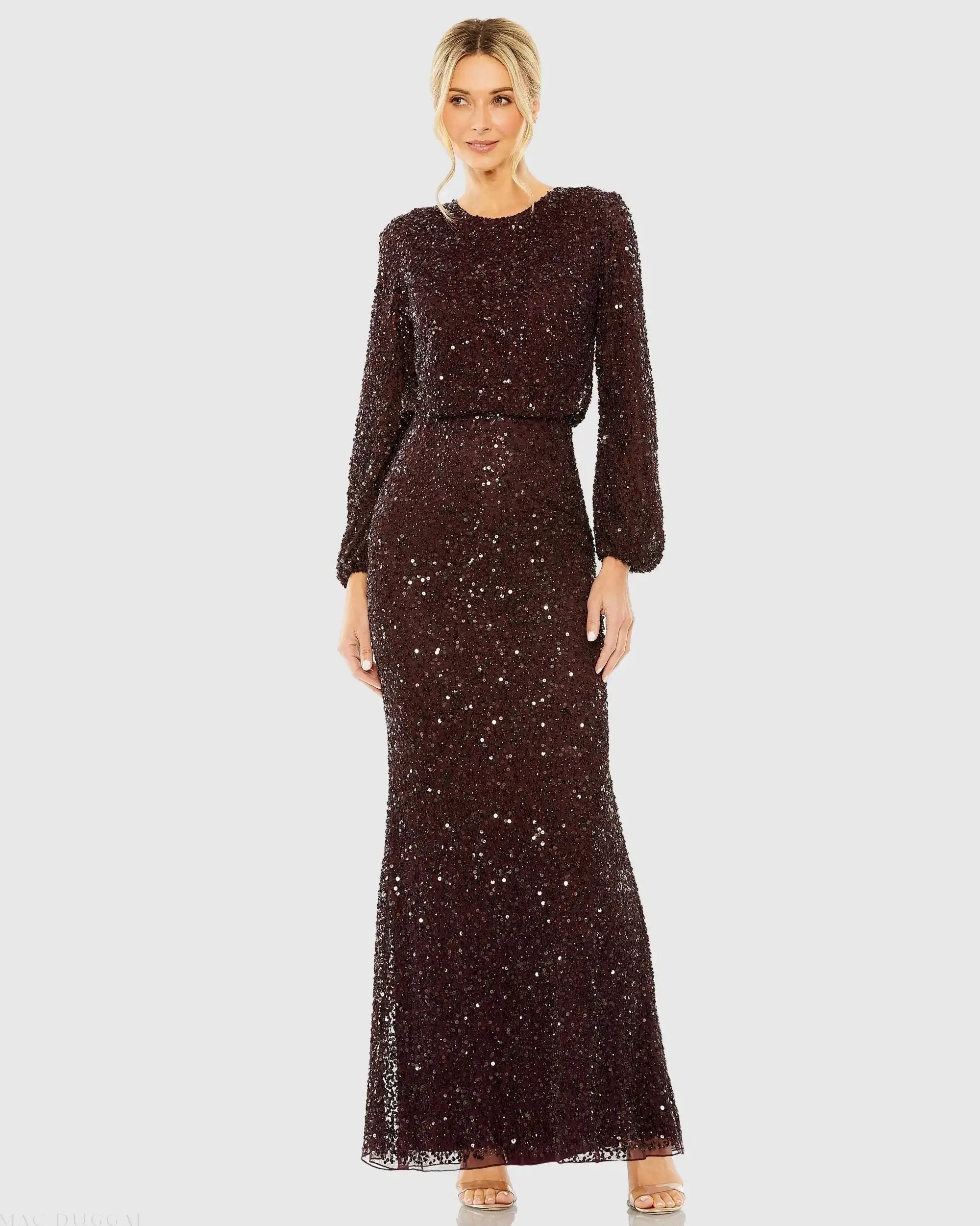 Brown Embellished Long Sleeve High Neck Evening Gown | Mac Duggal Brown Embellished Long Sleeve High Neck Evening Gown | Mac Duggal