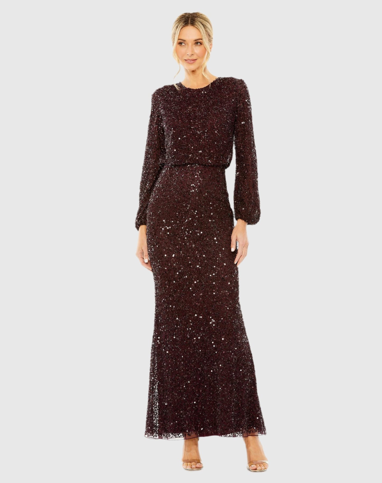 High Neck Long Sleeve Beaded Blouson Gown