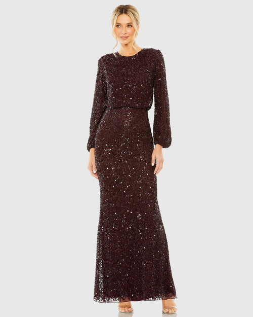 Dark Red High Neck Long Sleeve Beaded Blouson Gown