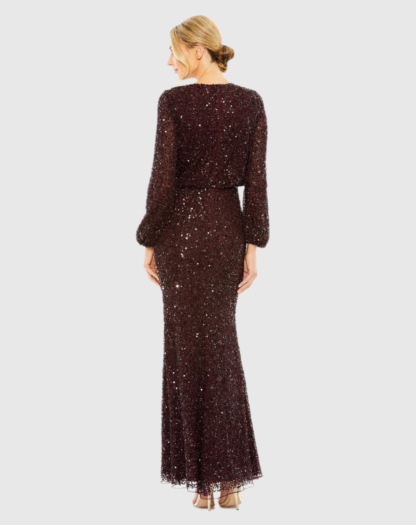 High Neck Long Sleeve Beaded Blouson Gown