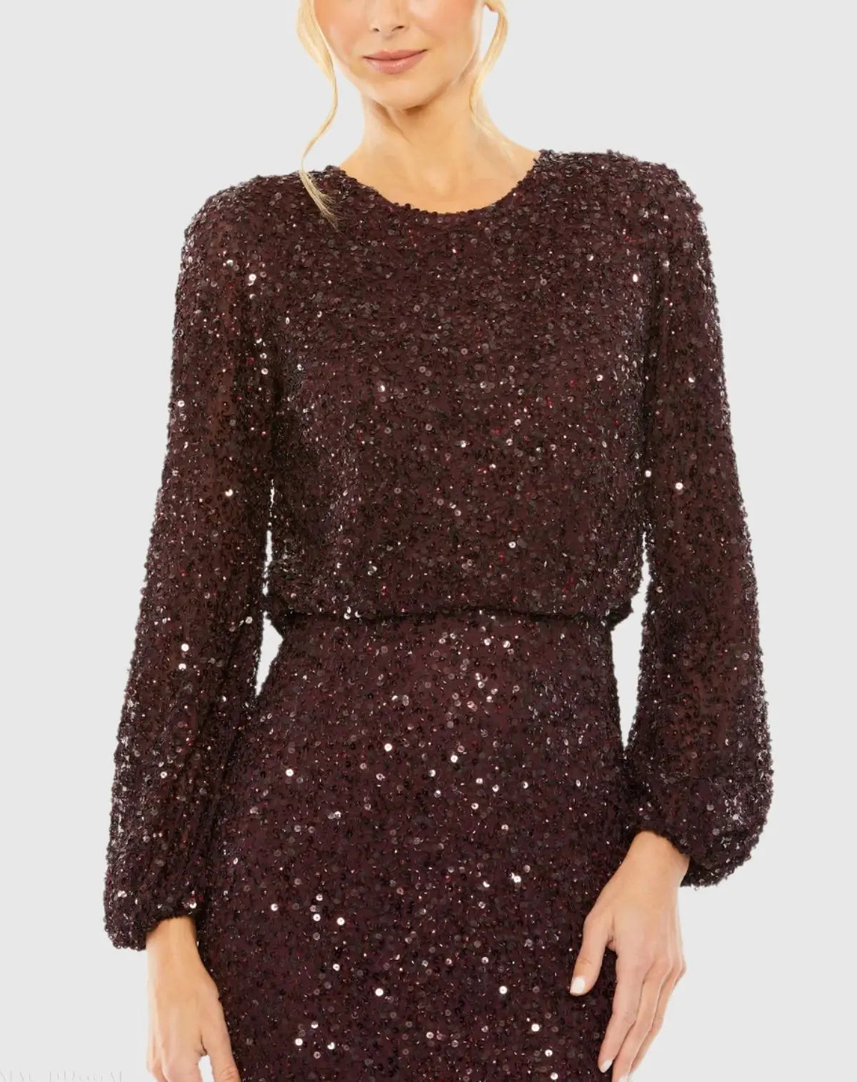 Red High Neck Long Sleeve Beaded Blouson Gown - Mac Duggal