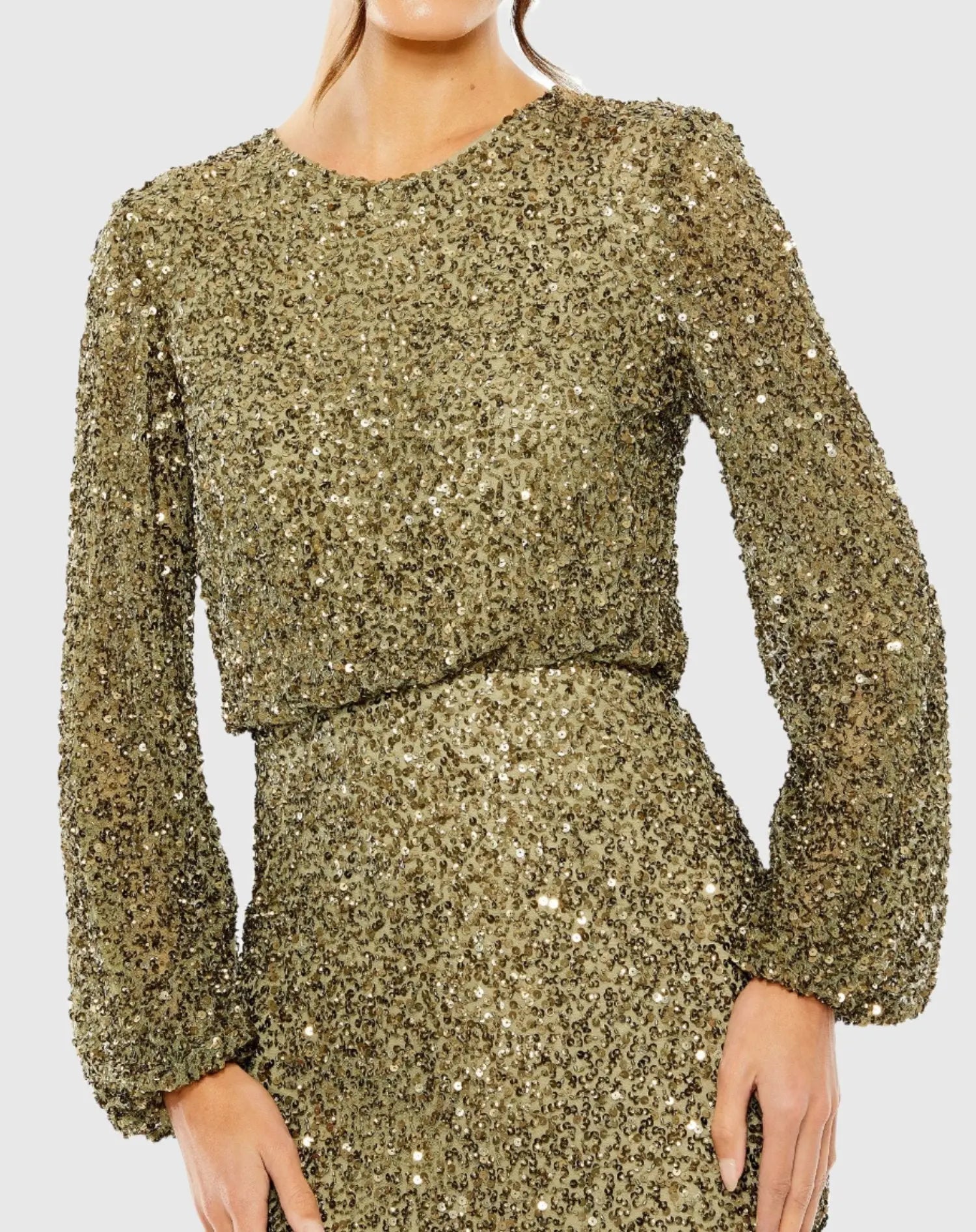 Green High Neck Long Sleeve Beaded Blouson Gown - Mac Duggal