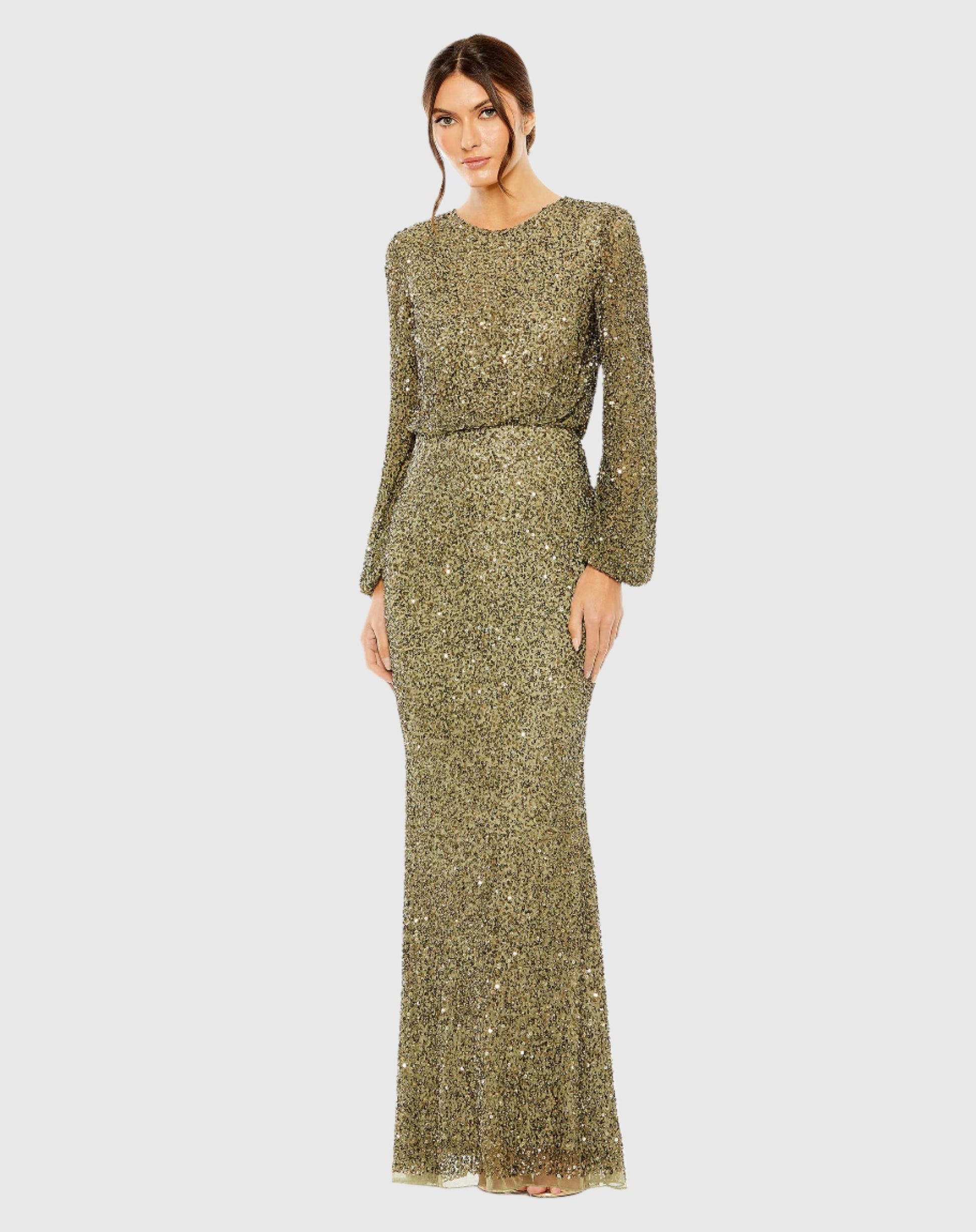 High Neck Long Sleeve Beaded Blouson Gown