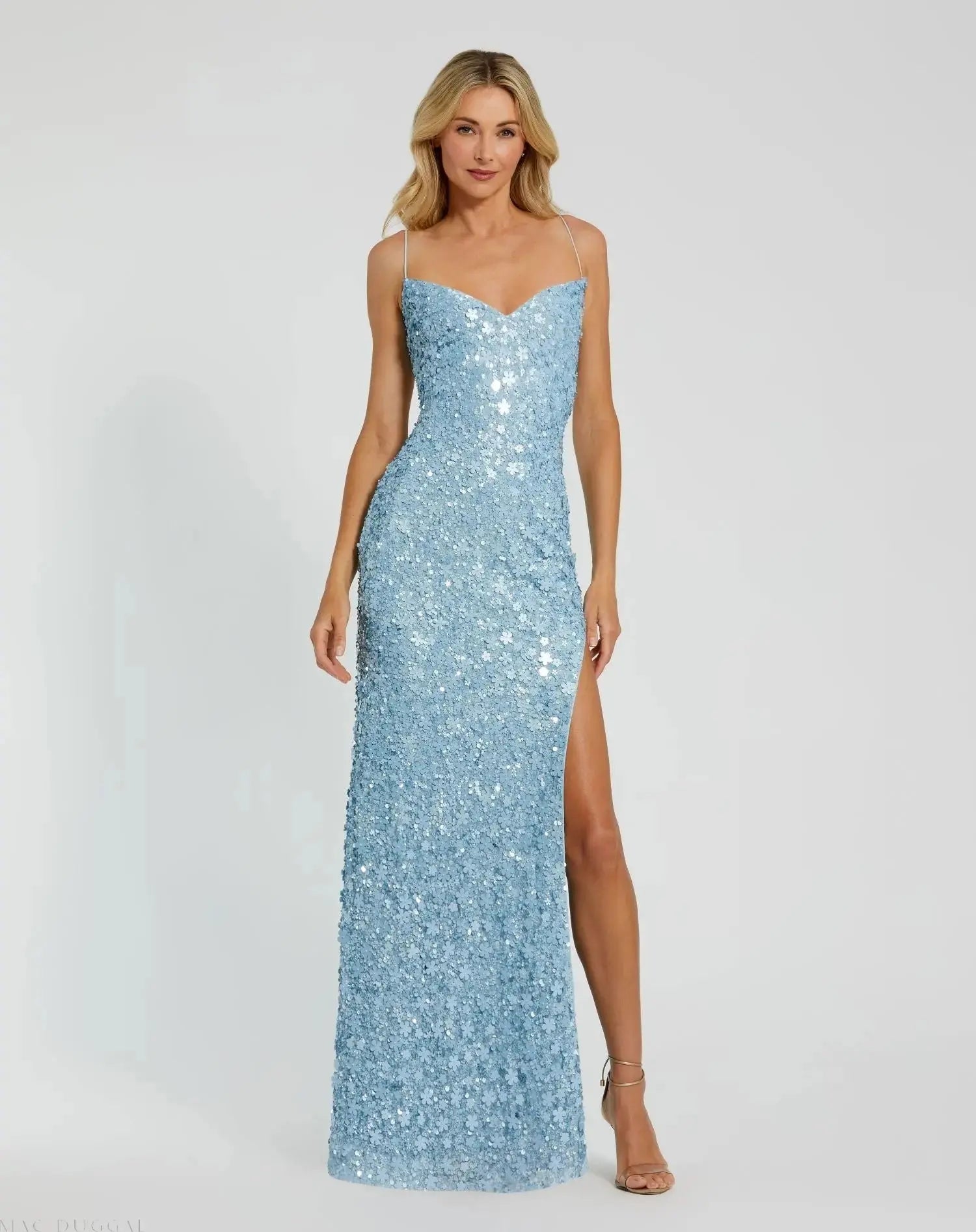 Blue Embellished Spaghetti Strap Sweetheart Gown with Slit - Mac Duggal