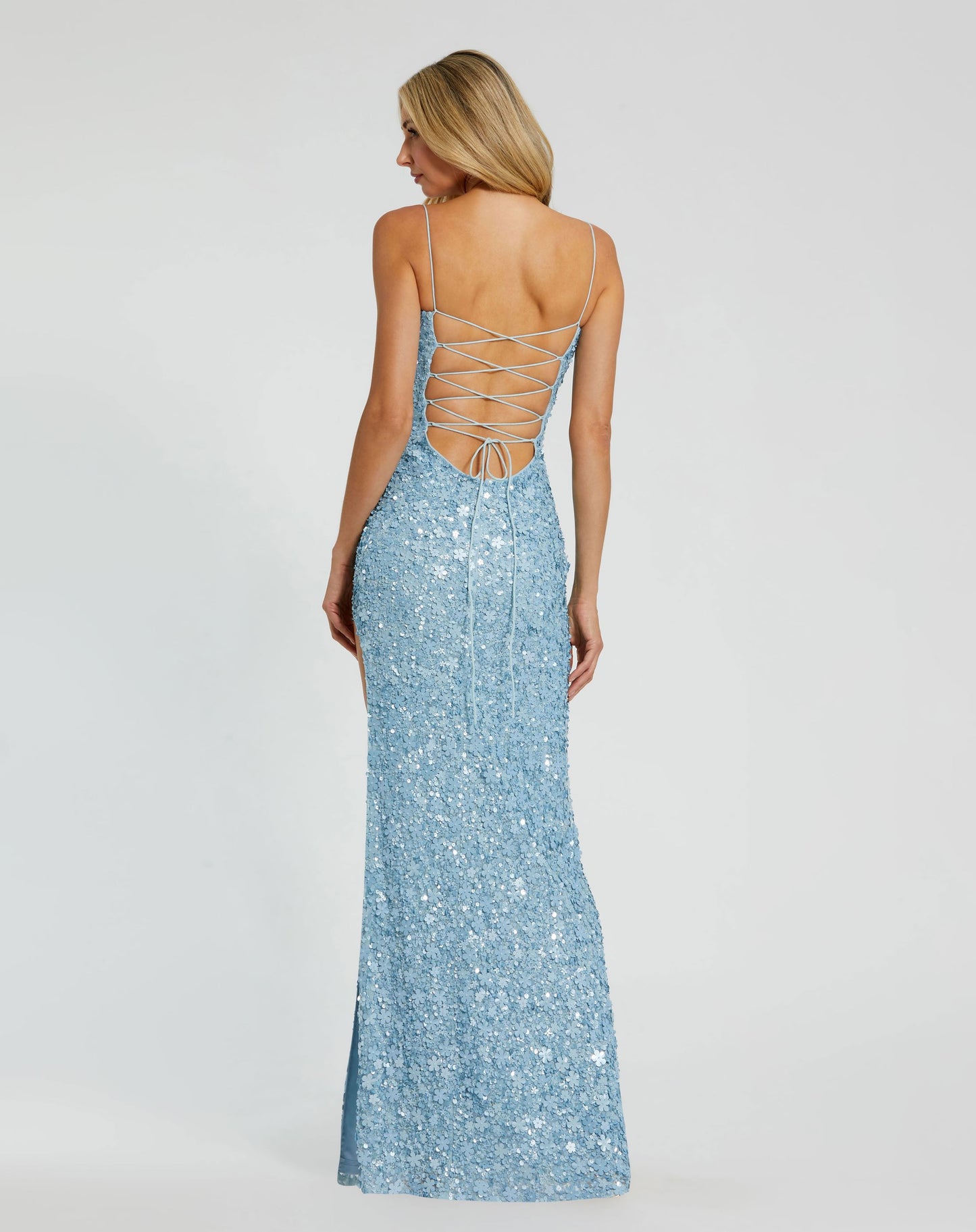 Light Blue Embellished Spaghetti Strap Sweetheart Gown with Slit