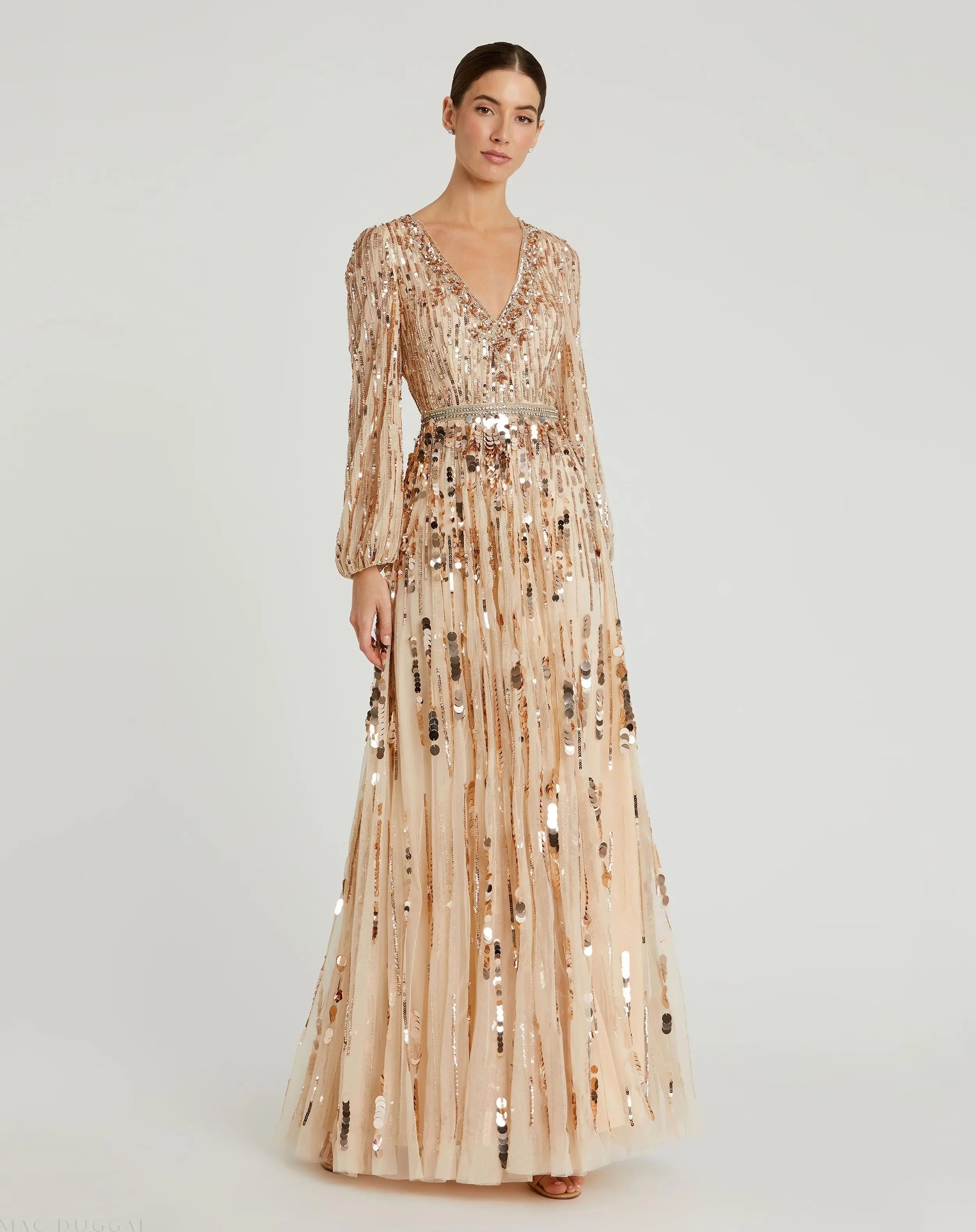 Beige Embellished Mesh Long Sleeve V Neck Gown - Mac Duggal
