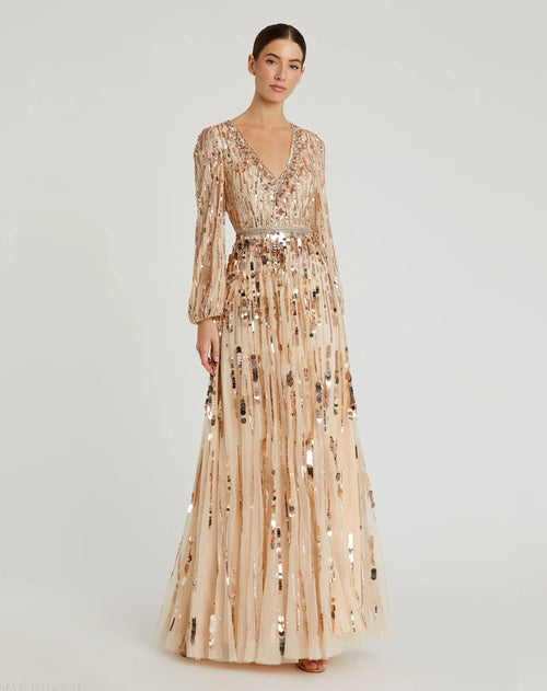 Beige Embellished Mesh Long Sleeve V Neck Gown - Mac Duggal