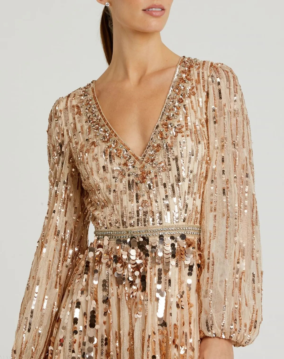 Beige Embellished Mesh Long Sleeve V Neck Gown - Mac Duggal