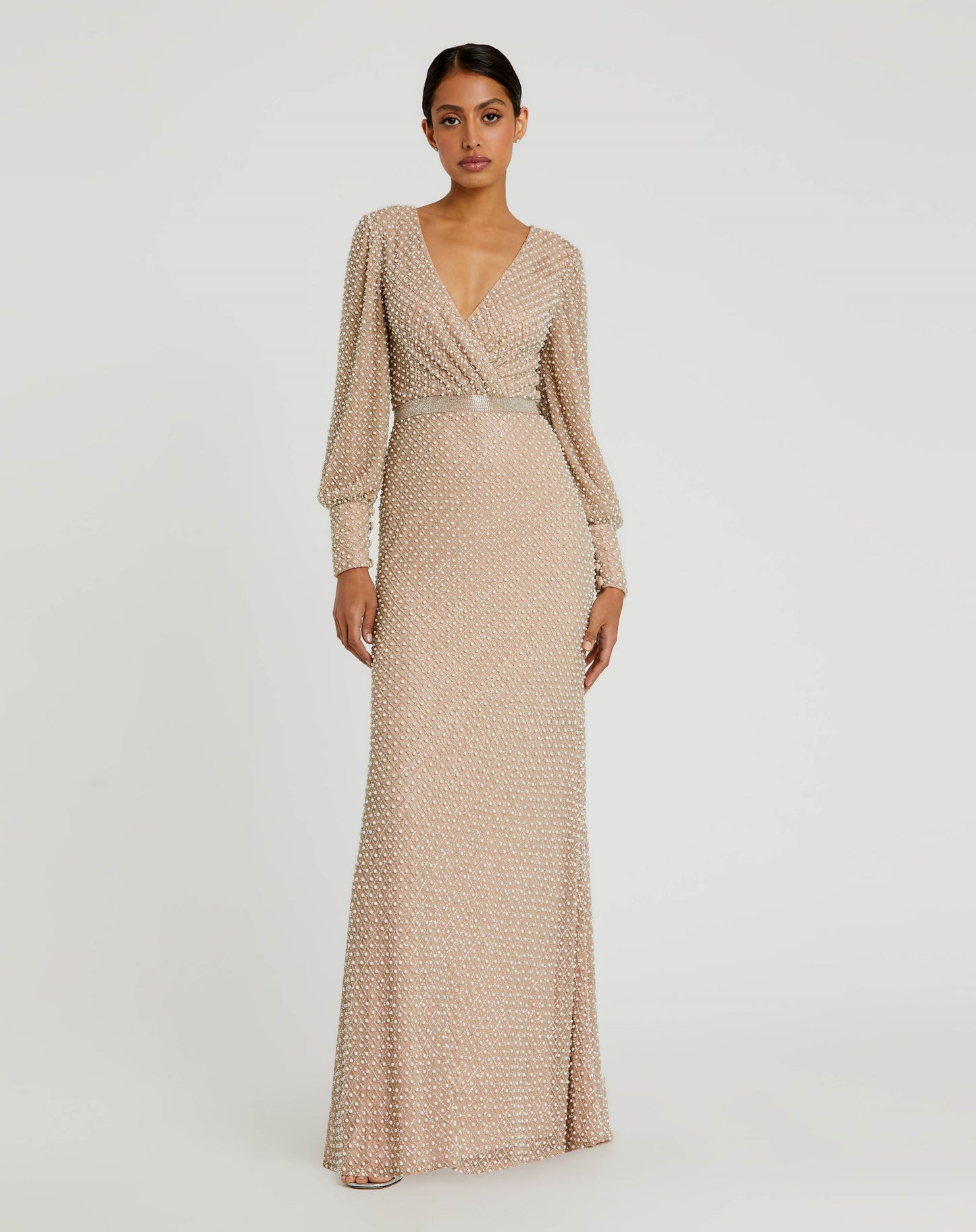 Wrap Over Bishop Sleeve Gown With Pearl Beading