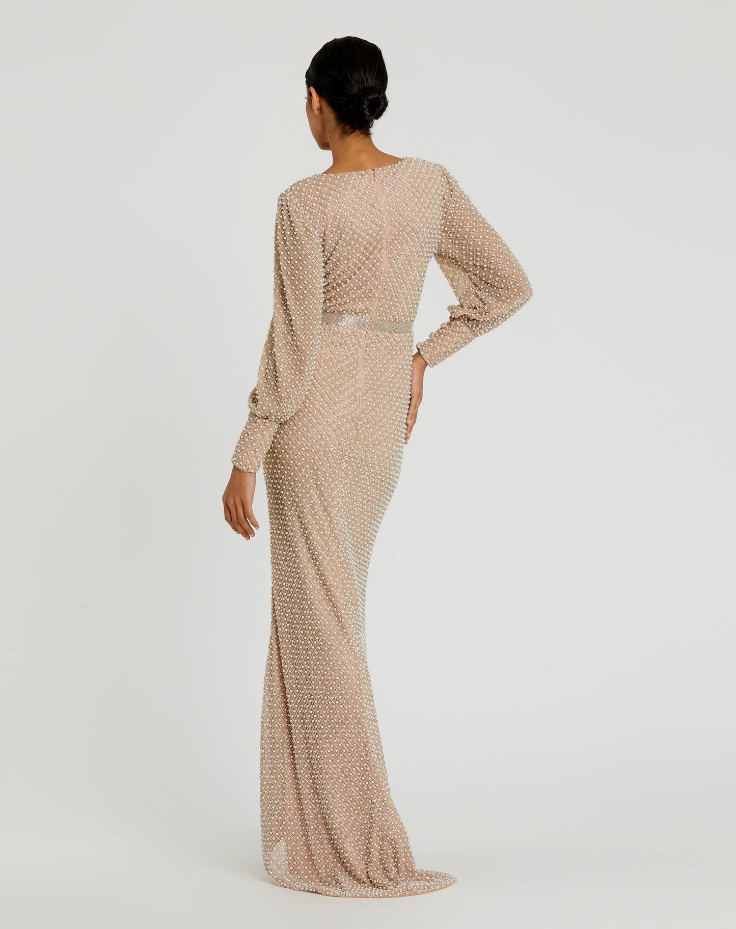 Wrap Over Bishop Sleeve Gown With Pearl Beading