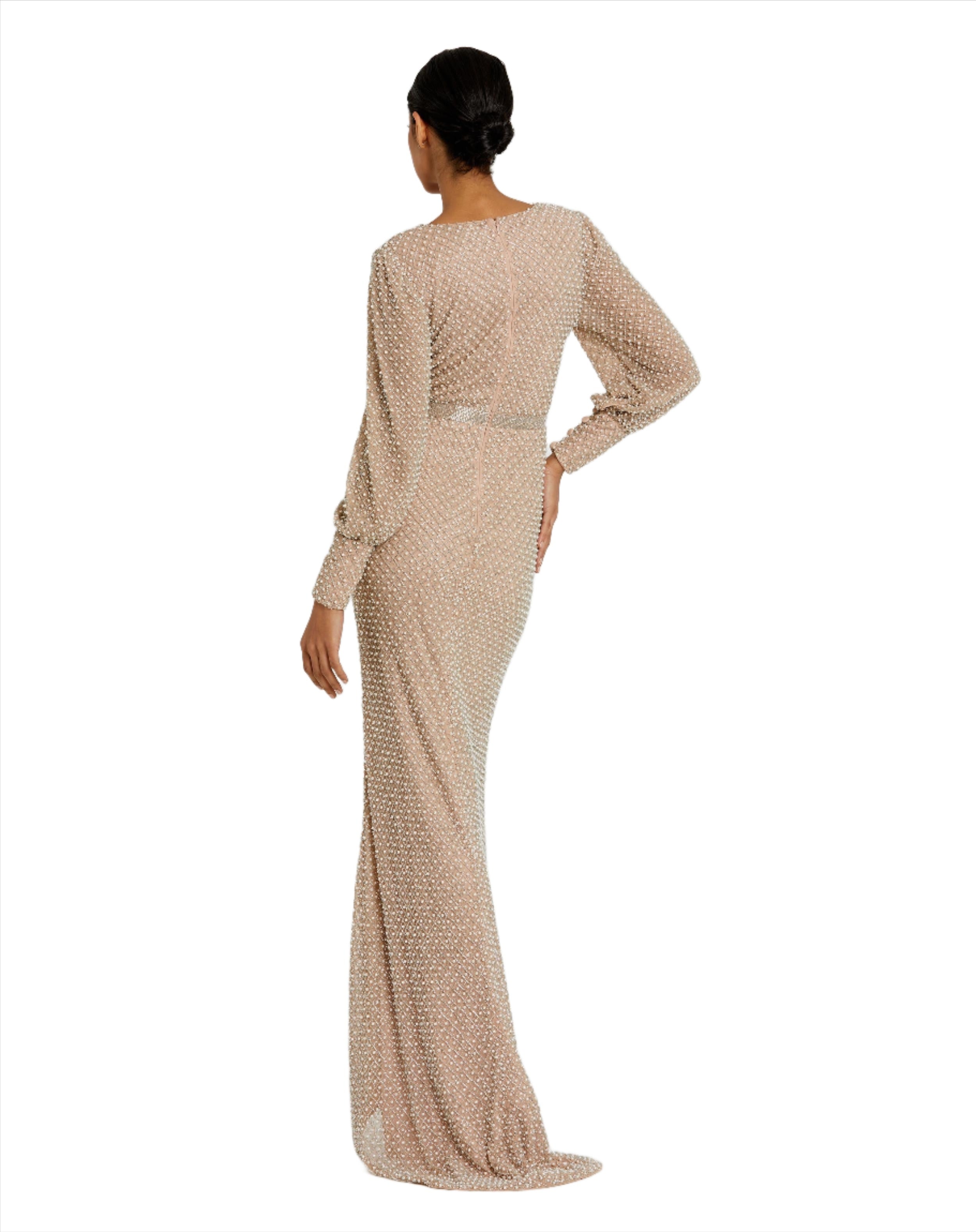Wrap Over Bishop Sleeve Gown With Pearl Beading
