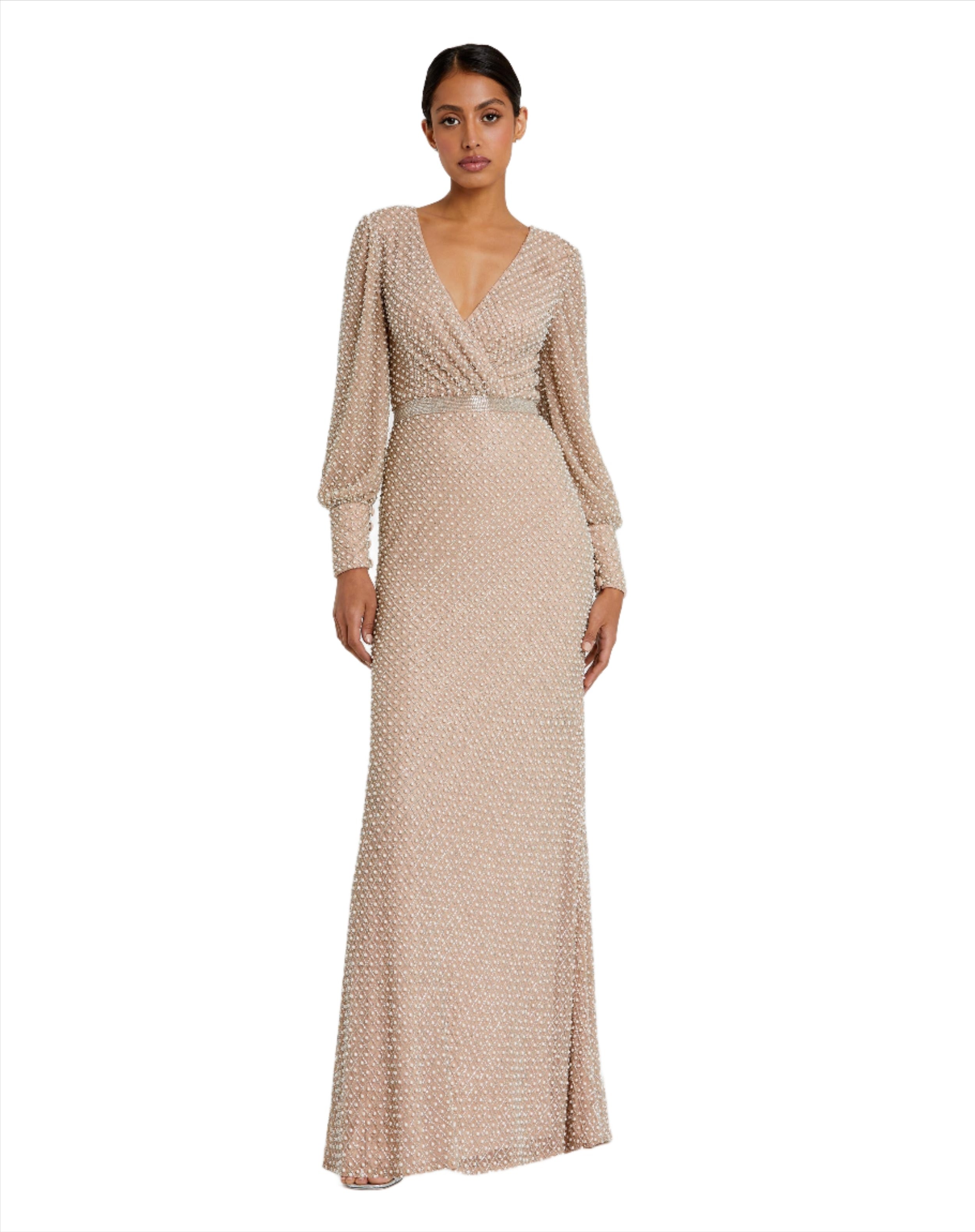 Wrap Over Bishop Sleeve Gown With Pearl Beading